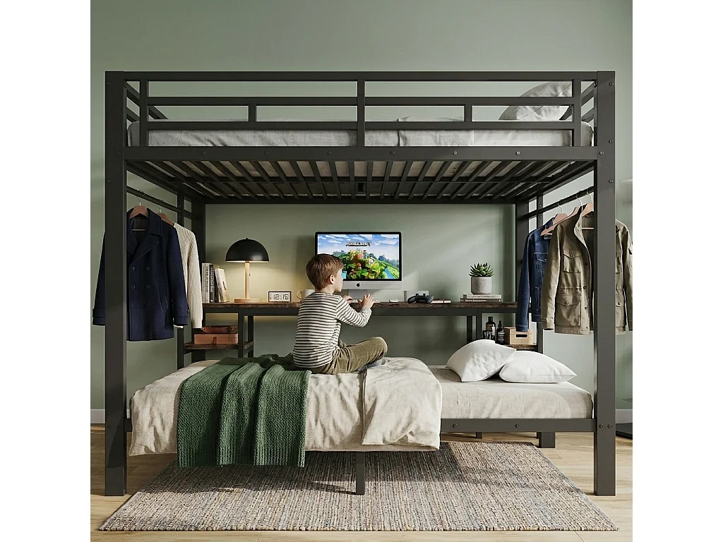 Lit superposé 140 x 200 + 90 x 200 cm avec bureau, penderie, ports USB et échelles - Métal - Noir (sans matelas)