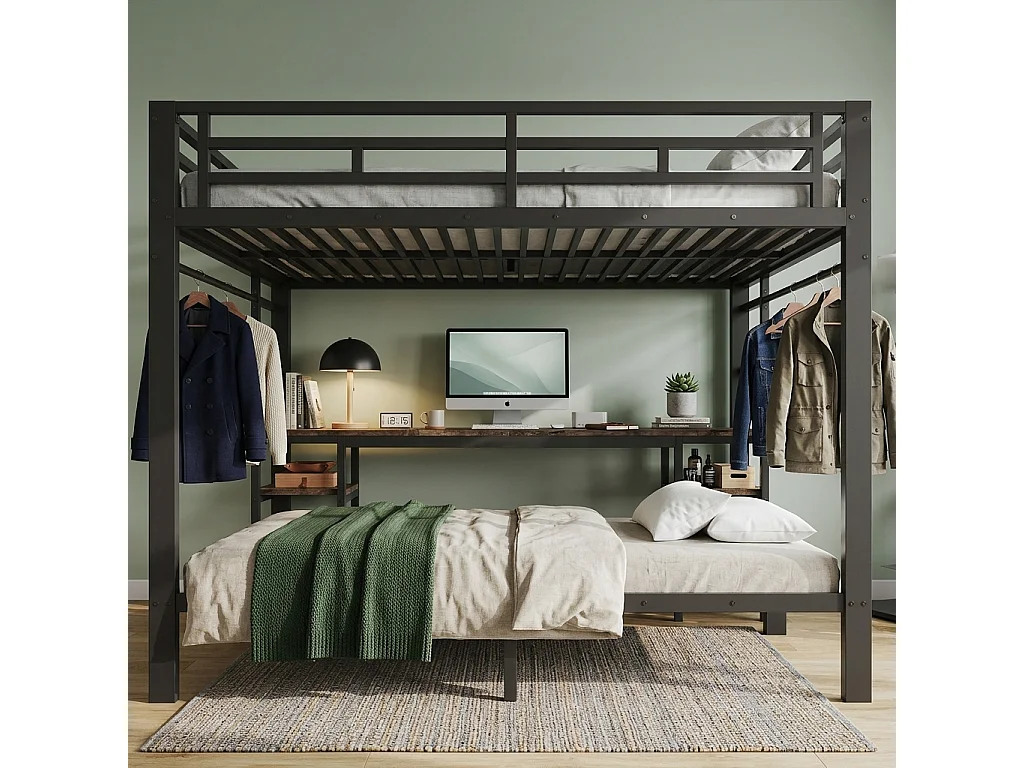 Lit superposé 140 x 200 + 90 x 200 cm avec bureau, penderie, ports USB et échelles - Métal - Noir (sans matelas)