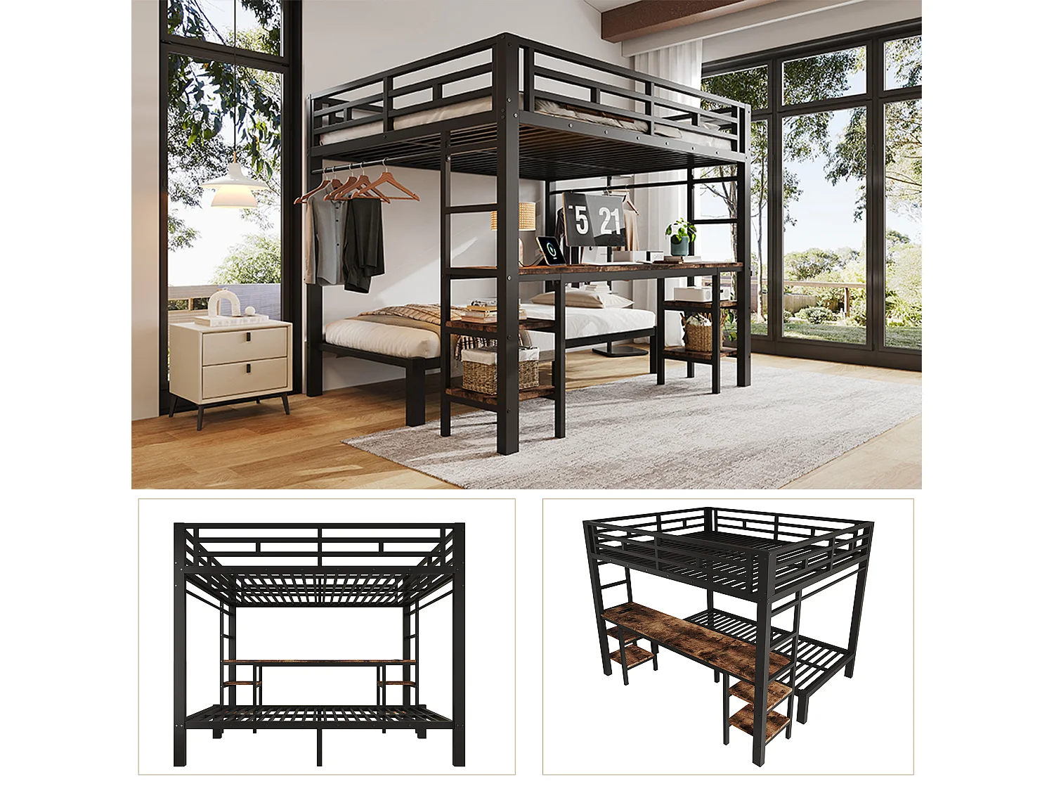 Lit superposé 140 x 200 + 90 x 200 cm avec bureau, penderie, ports USB et échelles - Métal - Noir (sans matelas)