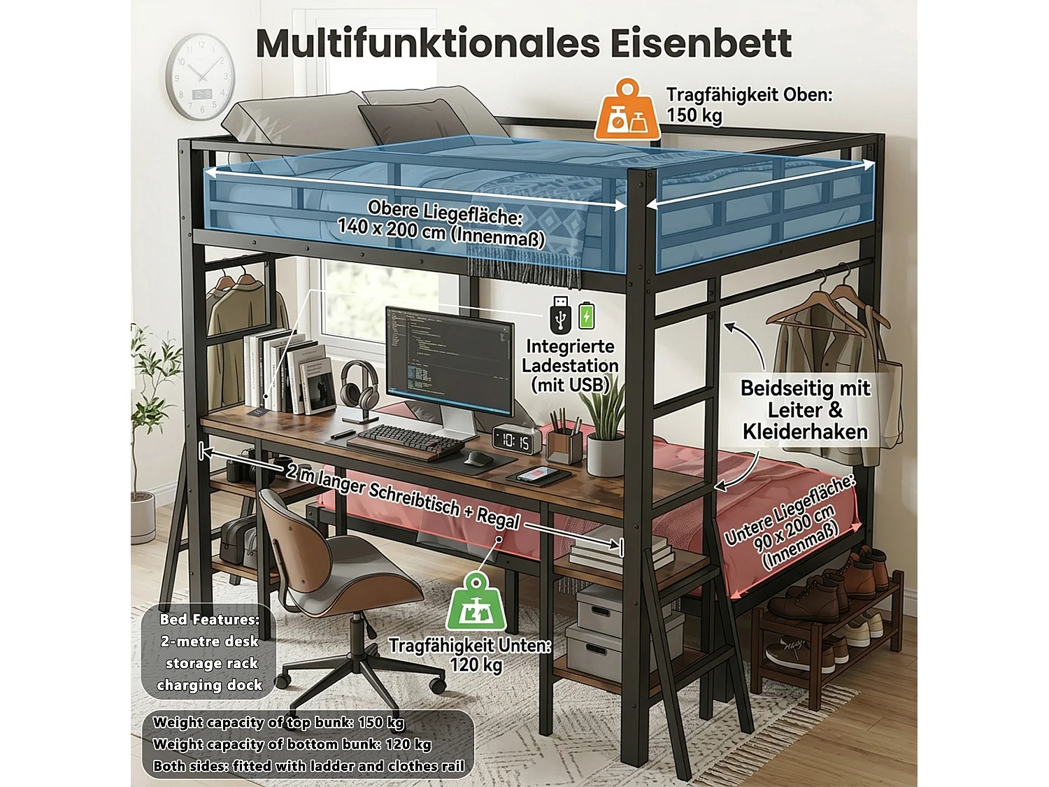 Lit superposé 140 x 200 + 90 x 200 cm avec bureau, penderie, ports USB et échelles - Métal - Noir (sans matelas)