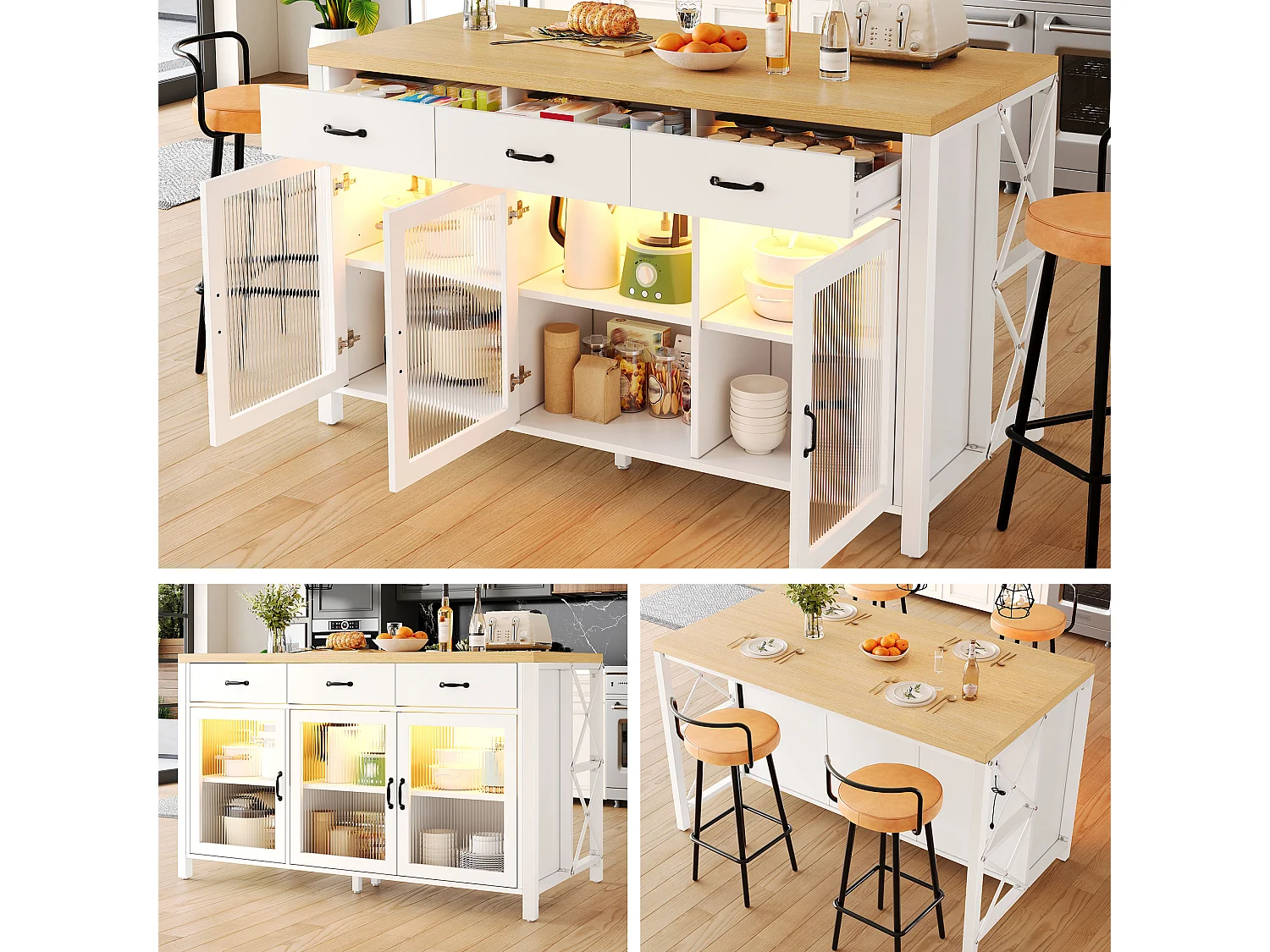 Wyspa kuchenna z 3 szufladami, 3 szklanymi drzwiami, oświetleniem LED i regulowanymi nóżkami - MDF, metal - 150 x 80 x 90 cm - biel i drewno