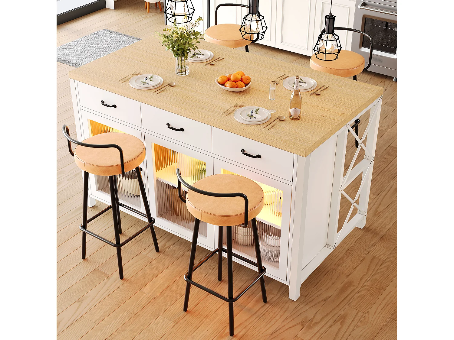 Wyspa kuchenna z 3 szufladami, 3 szklanymi drzwiami, oświetleniem LED i regulowanymi nóżkami - MDF, metal - 150 x 80 x 90 cm - biel i drewno