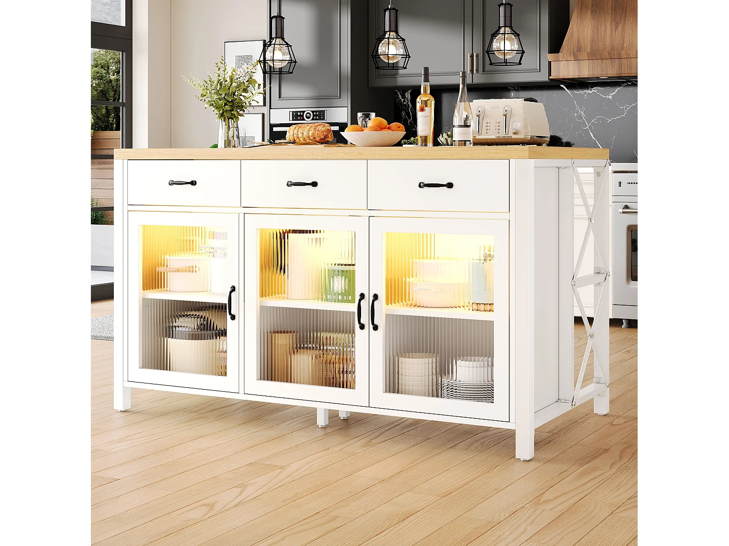 Wyspa kuchenna z 3 szufladami, 3 szklanymi drzwiami, oświetleniem LED i regulowanymi nóżkami - MDF, metal - 150 x 80 x 90 cm - biel i drewno