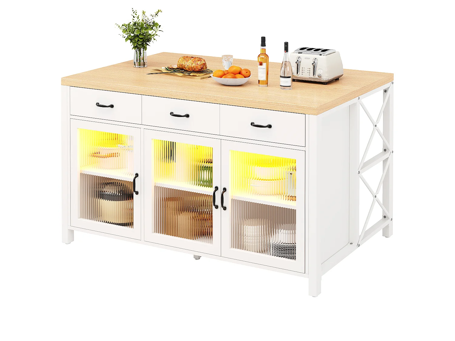Wyspa kuchenna z 3 szufladami, 3 szklanymi drzwiami, oświetleniem LED i regulowanymi nóżkami - MDF, metal - 150 x 80 x 90 cm - biel i drewno