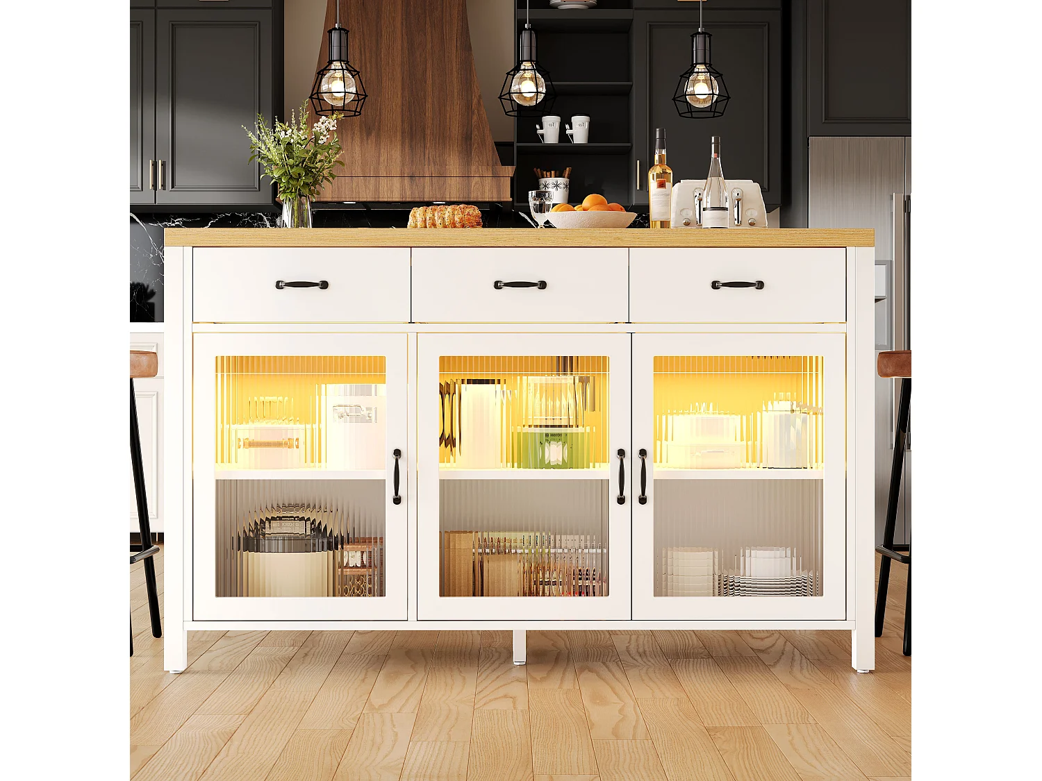 Wyspa kuchenna z 3 szufladami, 3 szklanymi drzwiami, oświetleniem LED i regulowanymi nóżkami - MDF, metal - 150 x 80 x 90 cm - biel i drewno