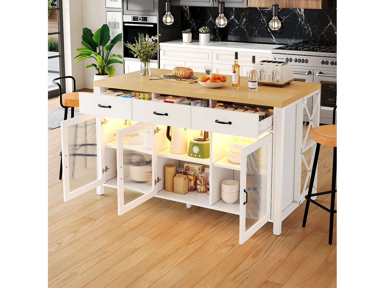 Wyspa kuchenna z 3 szufladami, 3 szklanymi drzwiami, oświetleniem LED i regulowanymi nóżkami - MDF, metal - 150 x 80 x 90 cm - biel i drewno