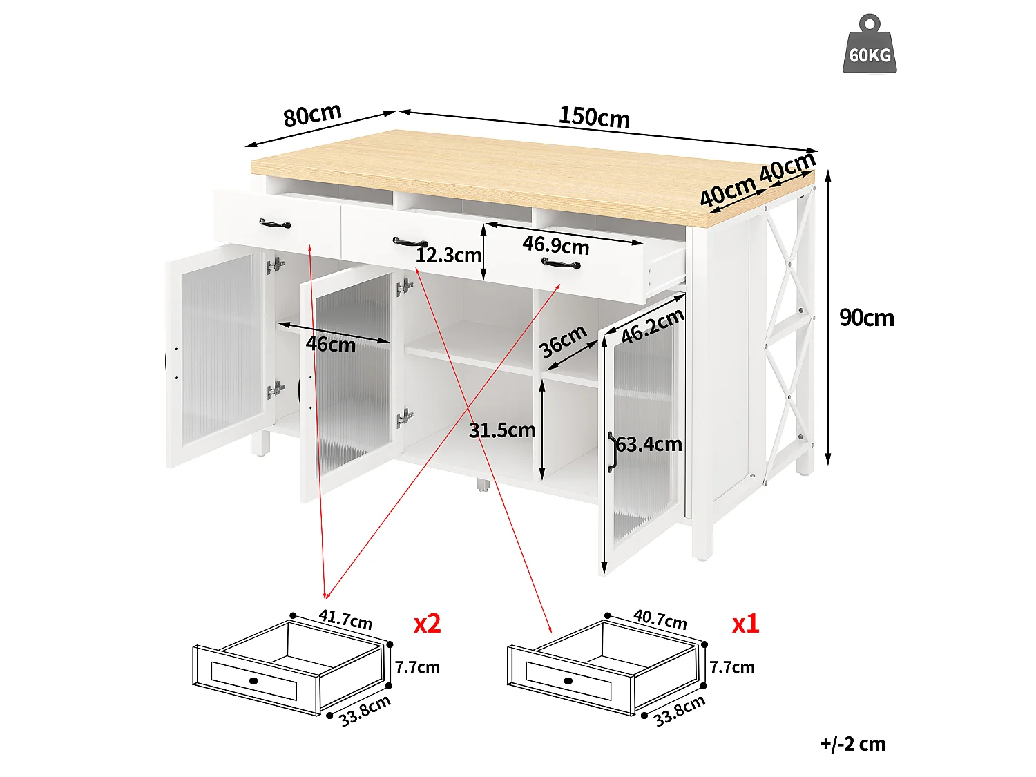 Wyspa kuchenna z 3 szufladami, 3 szklanymi drzwiami, oświetleniem LED i regulowanymi nóżkami - MDF, metal - 150 x 80 x 90 cm - biel i drewno