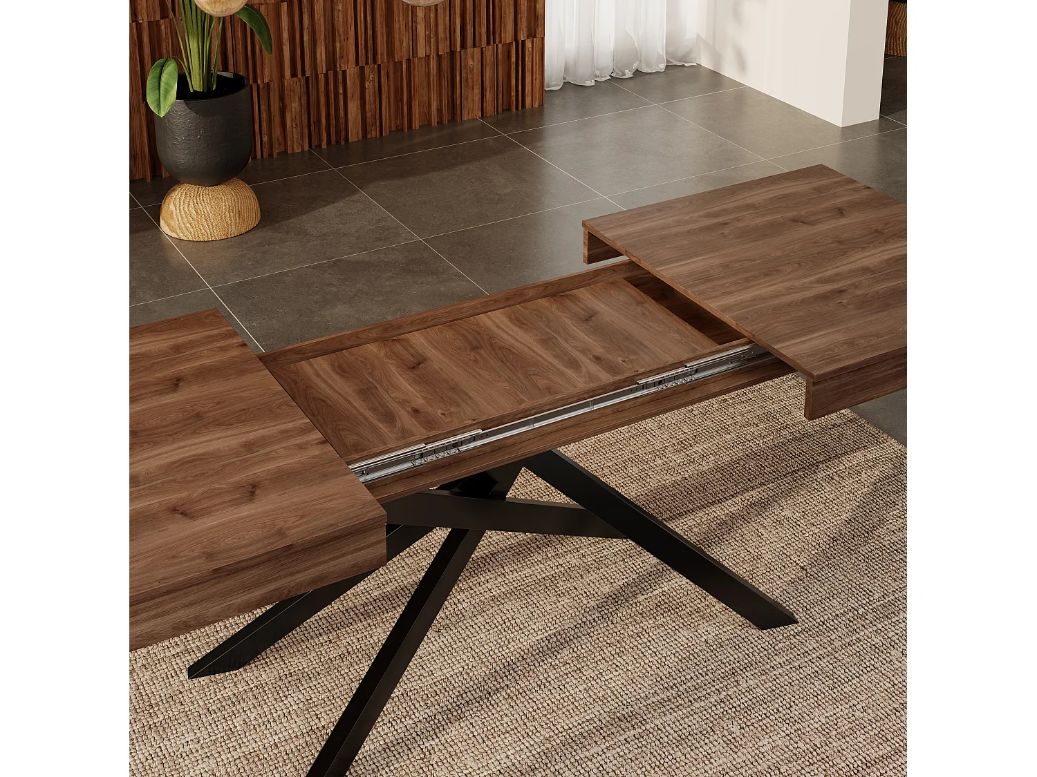 Rozkładany stół jadalny 140/180 x 80 cm dla 6-8 osób, gruby blat i skrzyżowane metalowe nogi - MDF - orzech