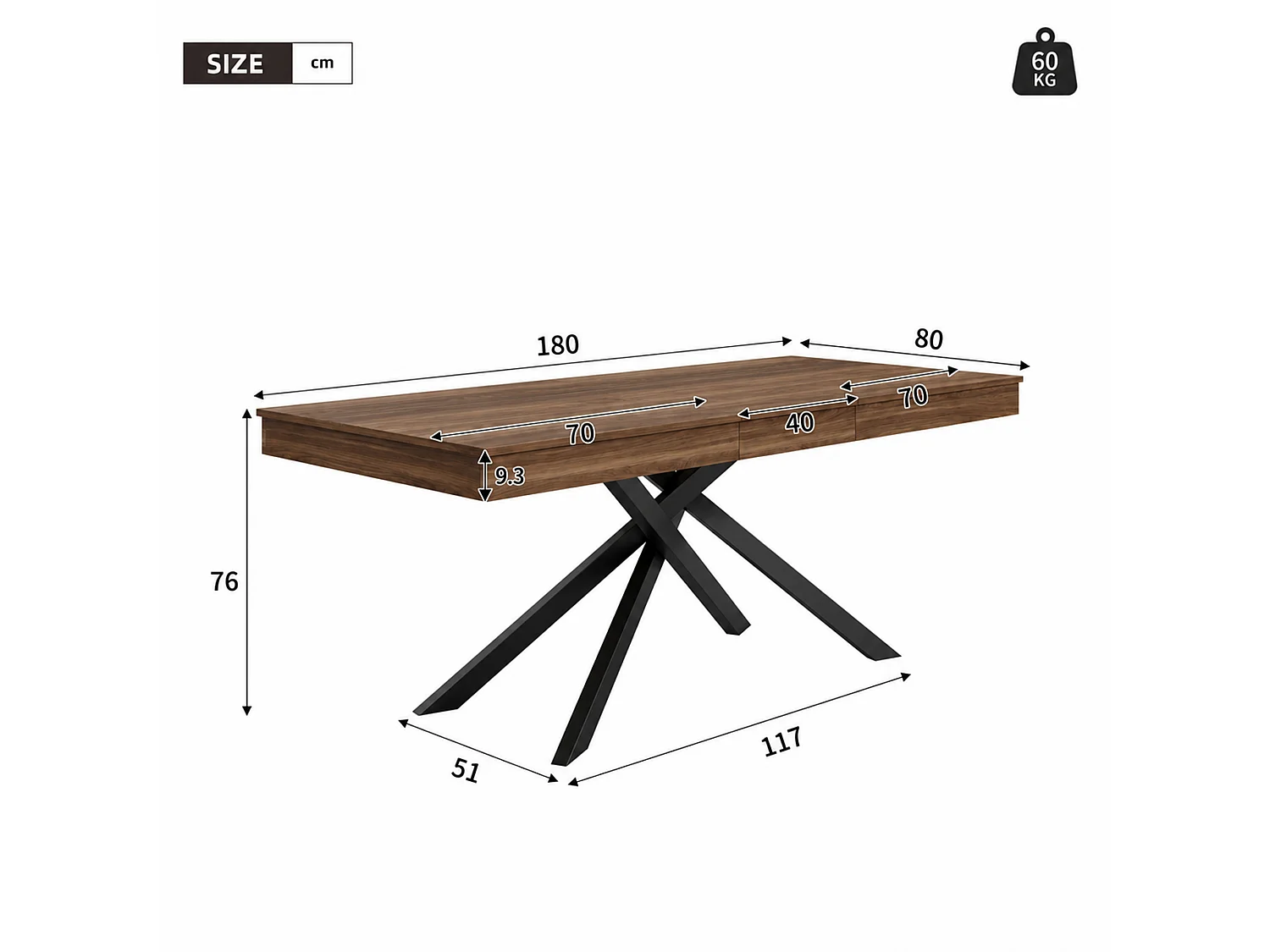 Rozkładany stół jadalny 140/180 x 80 cm dla 6-8 osób, gruby blat i skrzyżowane metalowe nogi - MDF - orzech