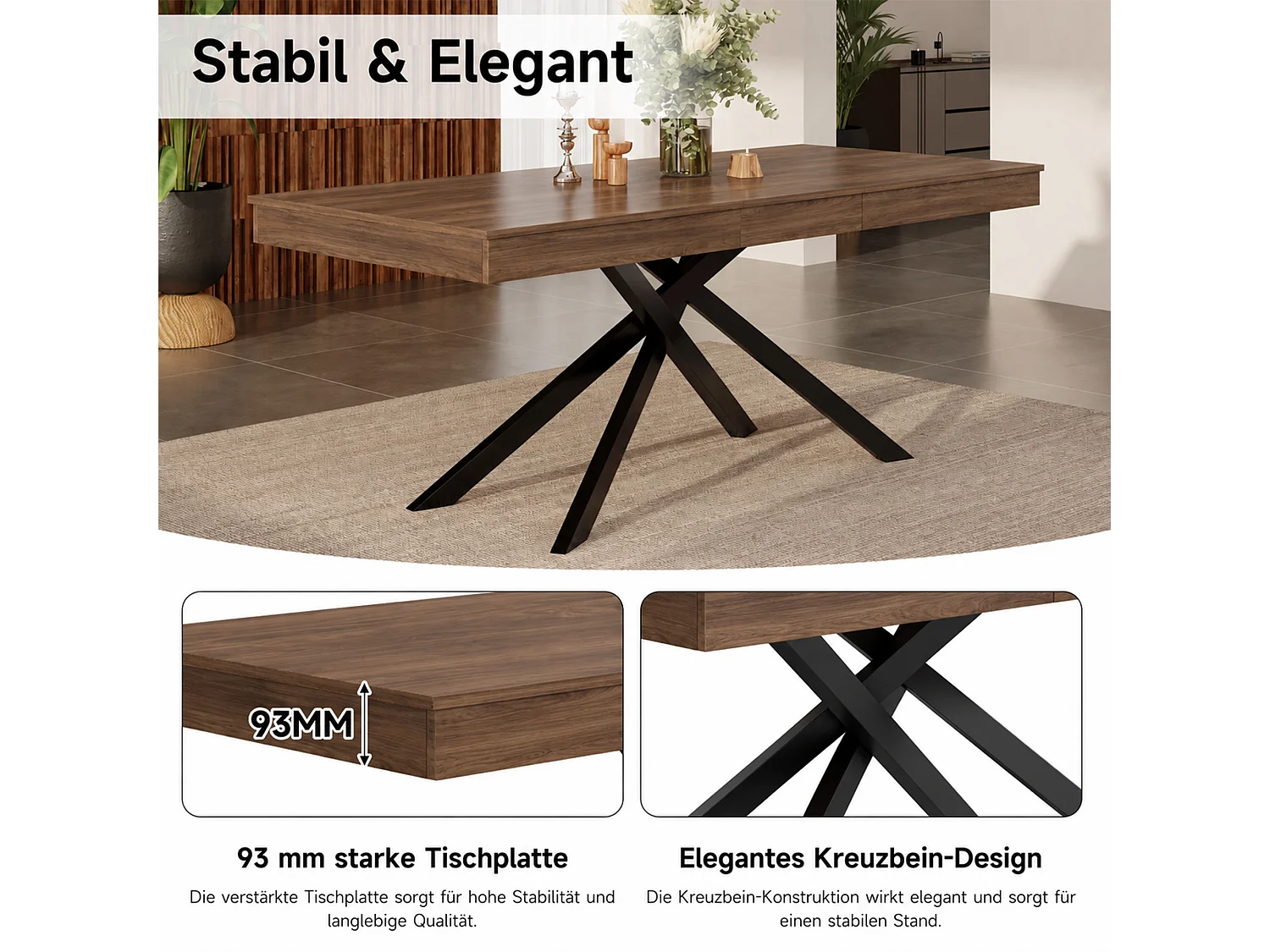 Rozkładany stół jadalny 140/180 x 80 cm dla 6-8 osób, gruby blat i skrzyżowane metalowe nogi - MDF - orzech