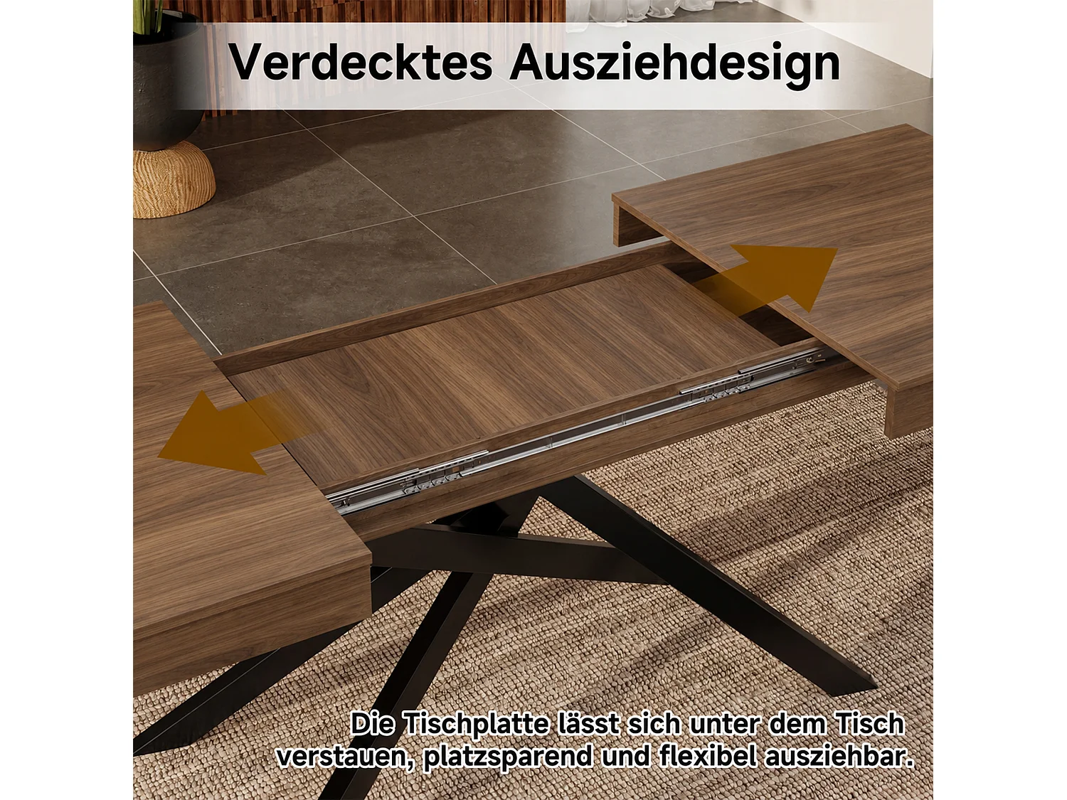 Rozkładany stół jadalny 140/180 x 80 cm dla 6-8 osób, gruby blat i skrzyżowane metalowe nogi - MDF - orzech