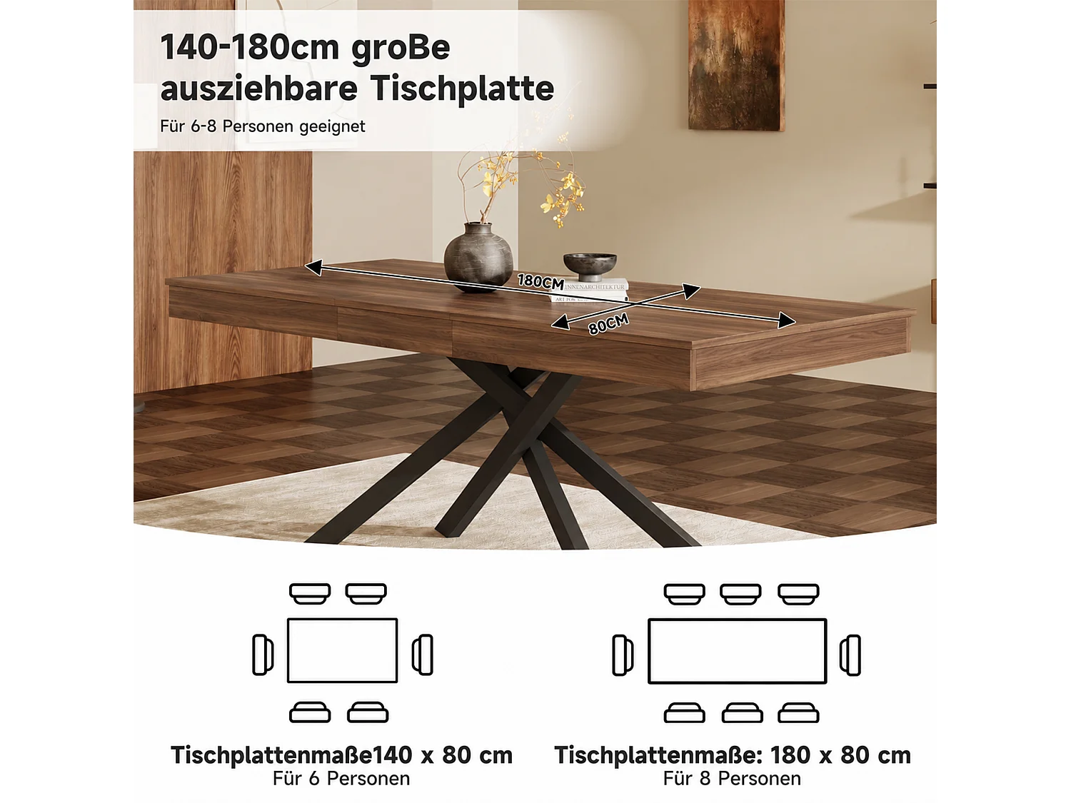 Rozkładany stół jadalny 140/180 x 80 cm dla 6-8 osób, gruby blat i skrzyżowane metalowe nogi - MDF - orzech