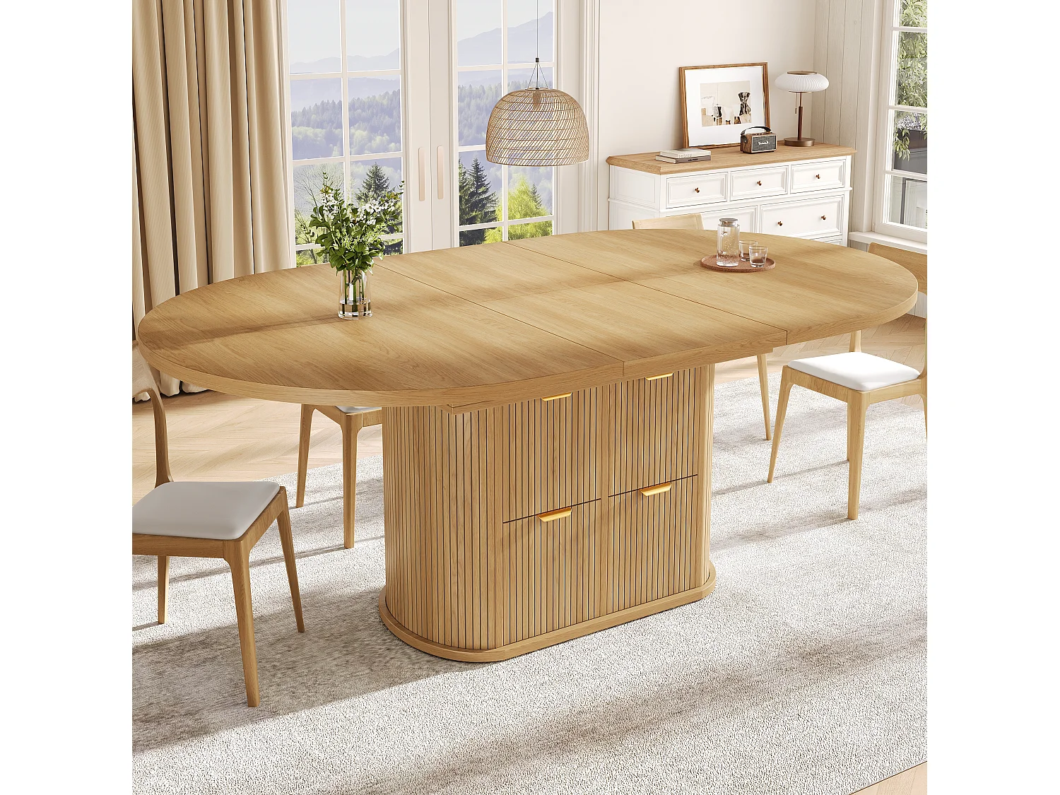 Table à manger ovale extensible 118/158 x 118 cm avec rangements et 2 tiroirs - MDF et métal - Chêne clair