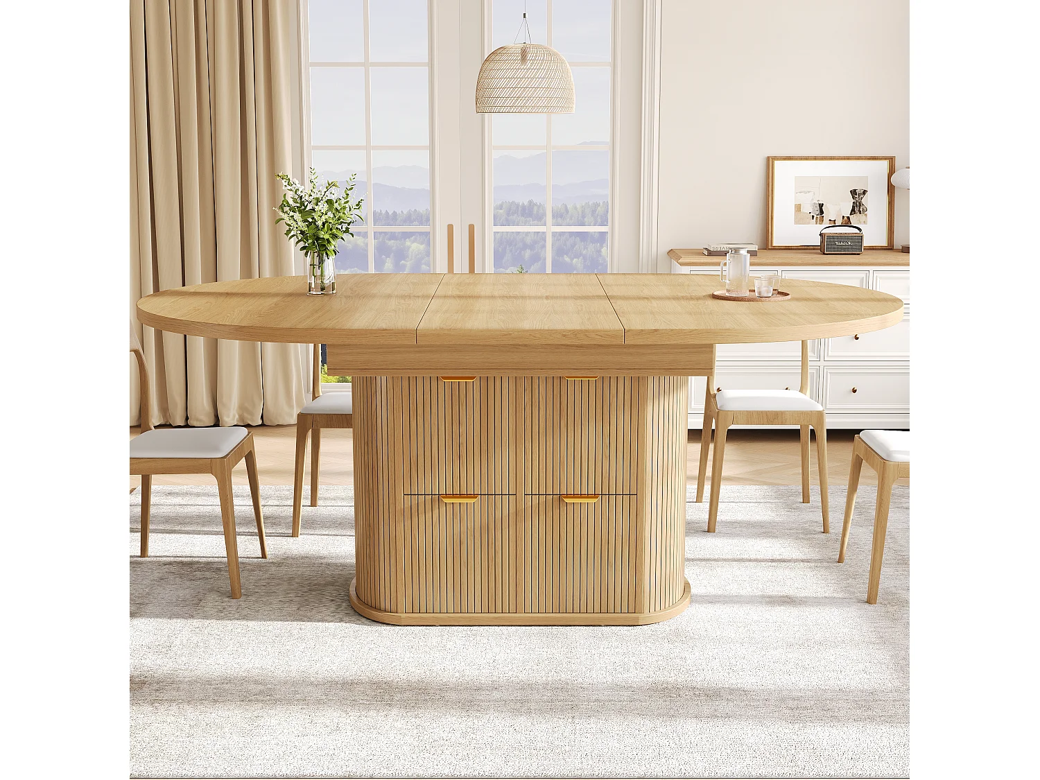 Table à manger ovale extensible 118/158 x 118 cm avec rangements et 2 tiroirs - MDF et métal - Chêne clair