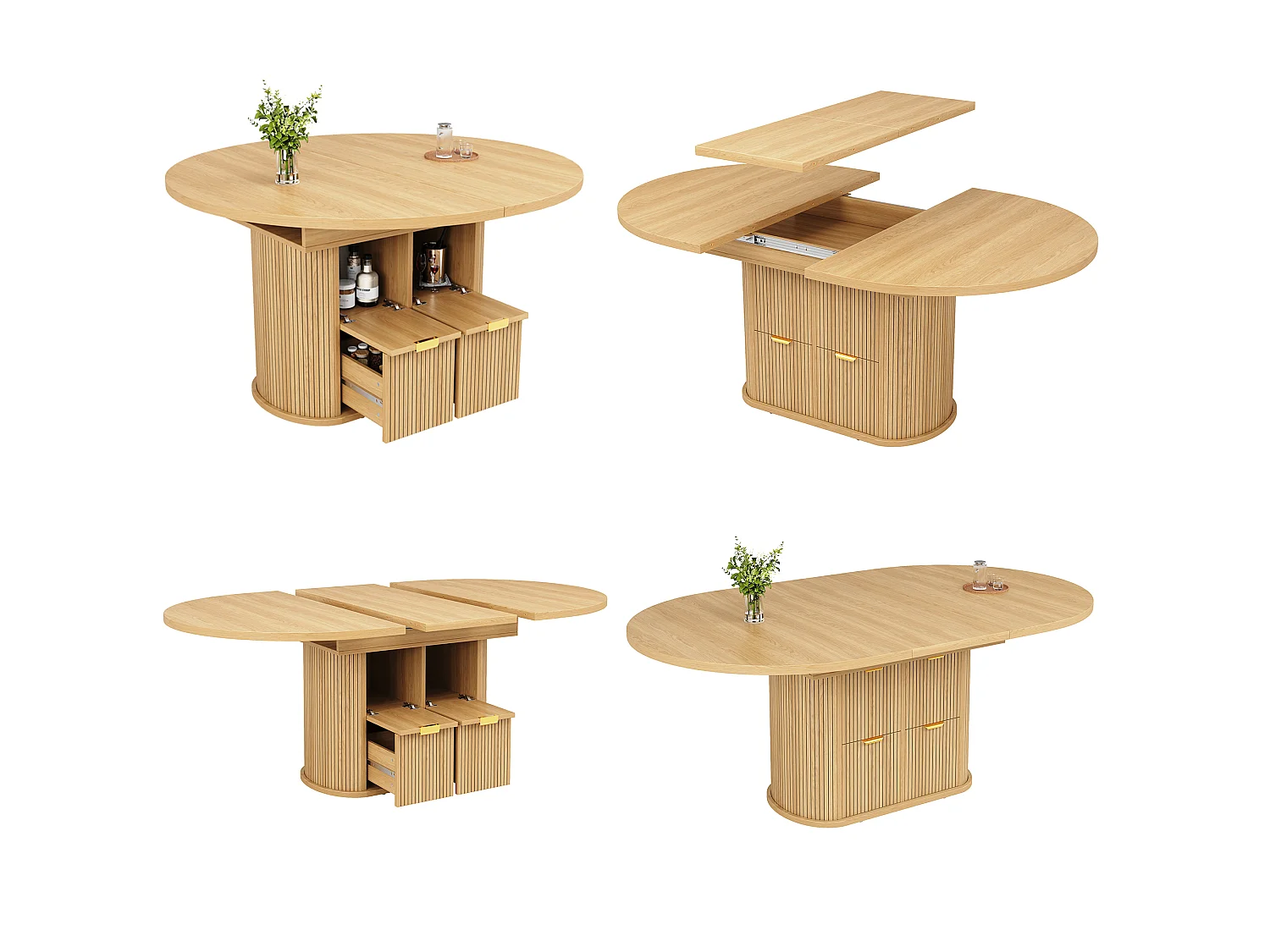 Table à manger ovale extensible 118/158 x 118 cm avec rangements et 2 tiroirs - MDF et métal - Chêne clair