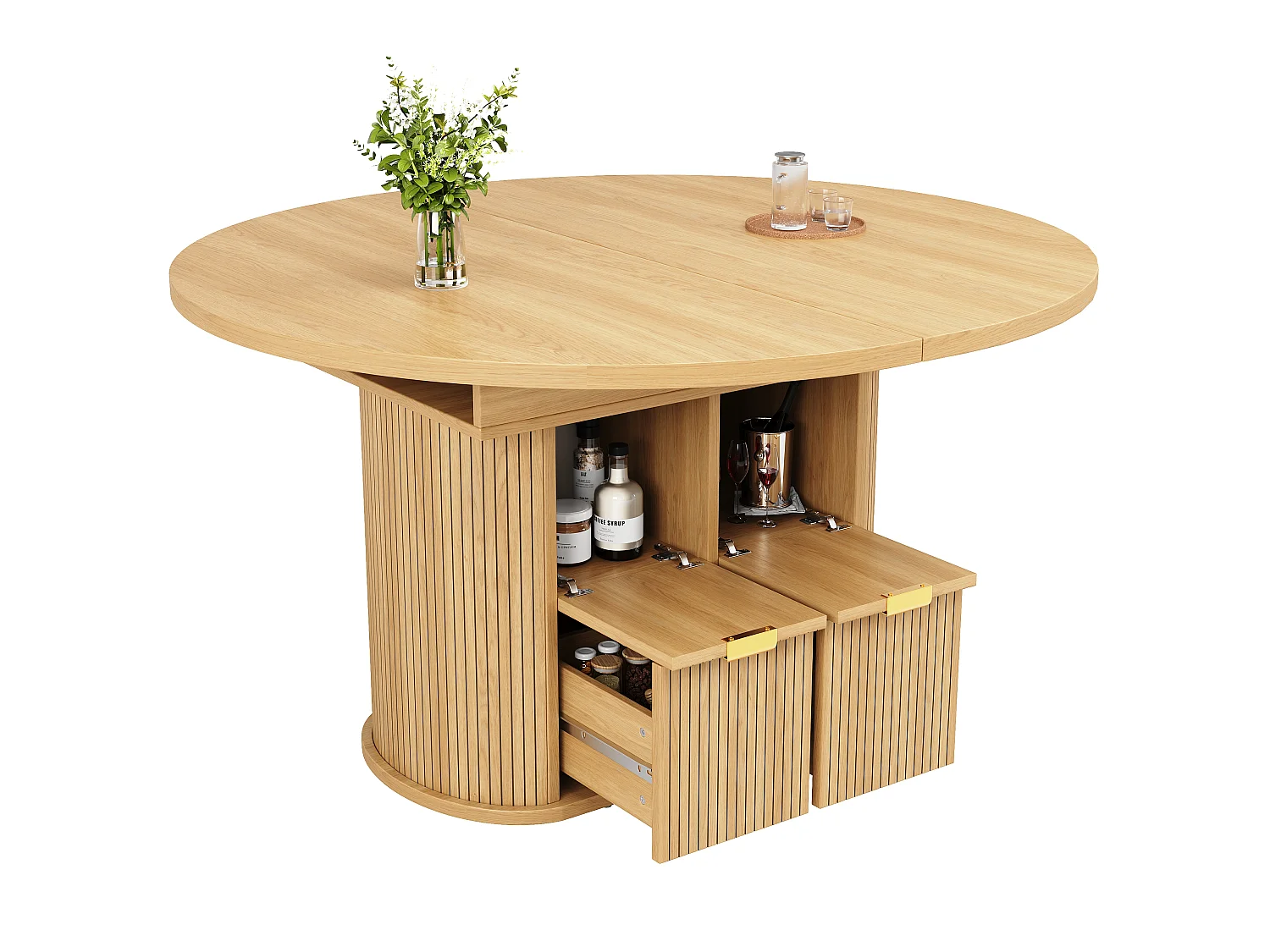 Table à manger ovale extensible 118/158 x 118 cm avec rangements et 2 tiroirs - MDF et métal - Chêne clair