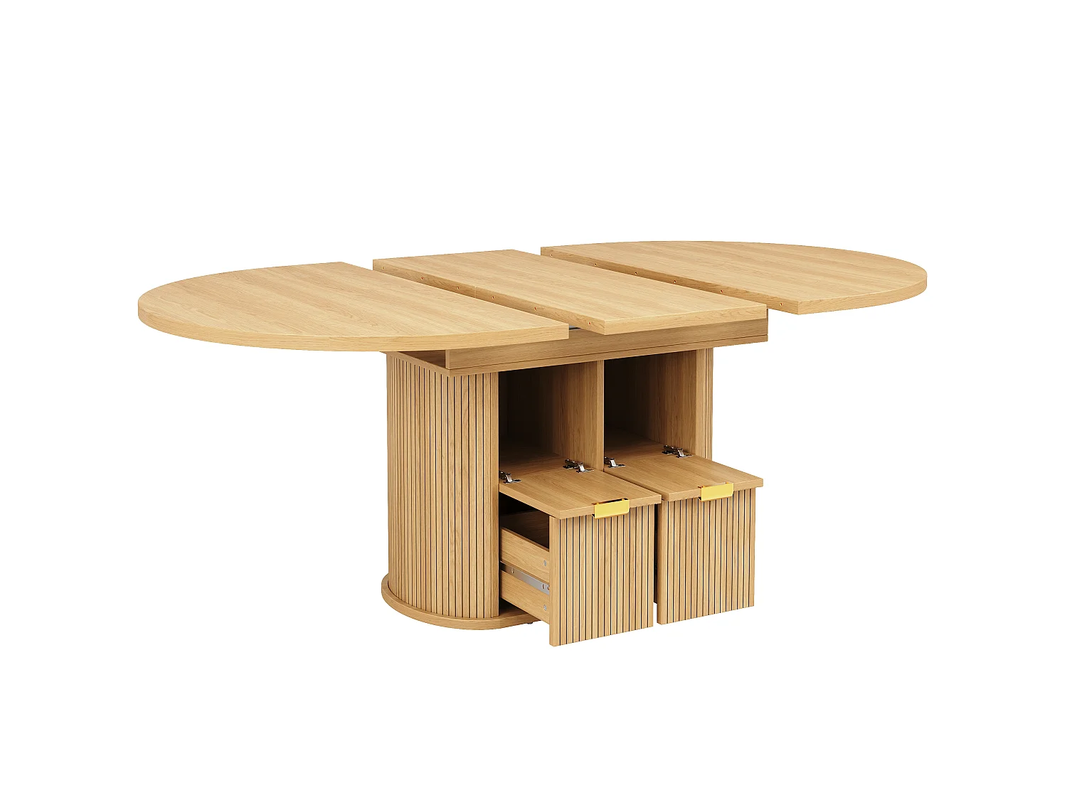 Table à manger ovale extensible 118/158 x 118 cm avec rangements et 2 tiroirs - MDF et métal - Chêne clair