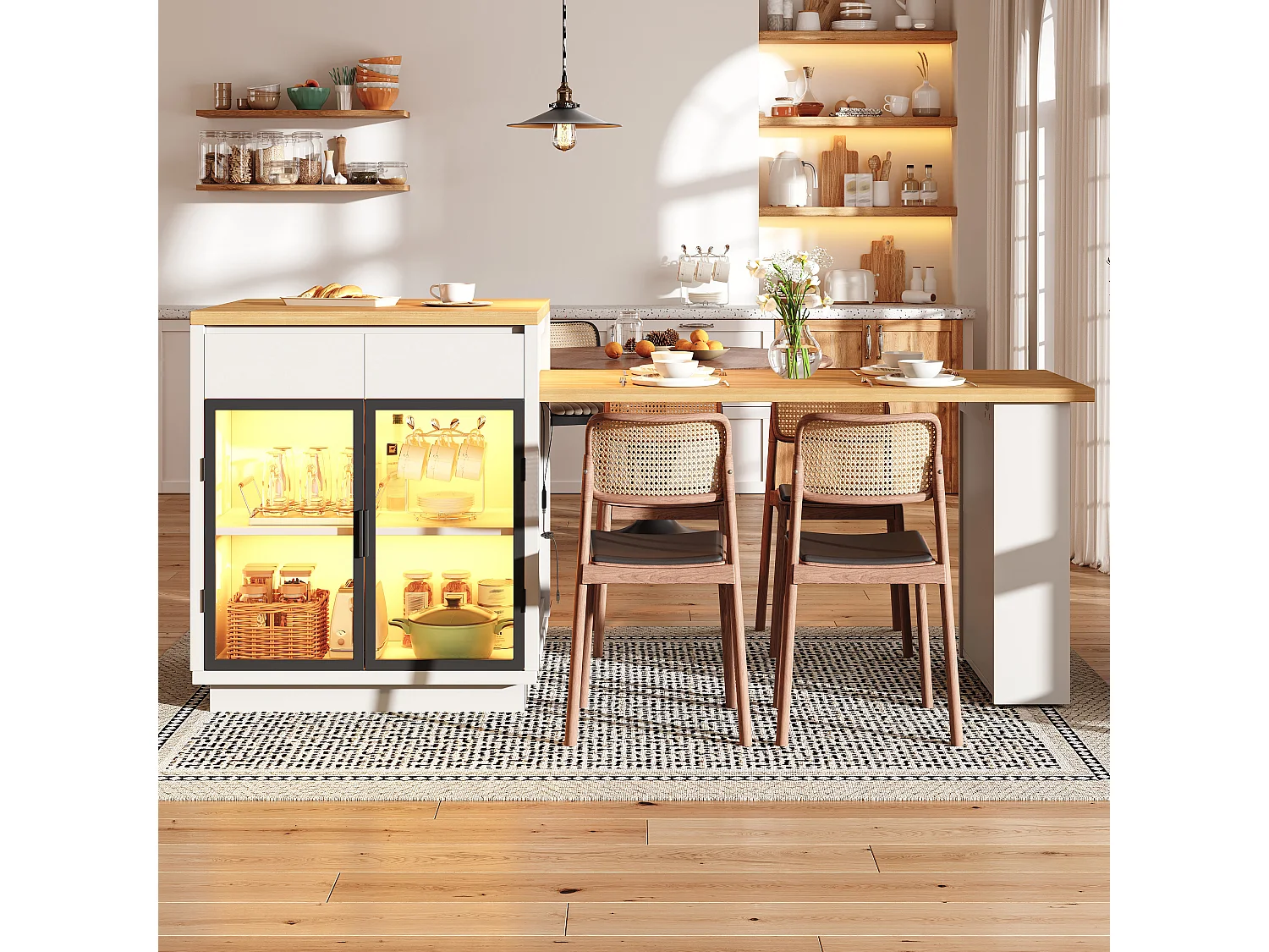 Rozkładana wyspa kuchenna z 2 szufladami, szafkami ze szklanym frontem i oświetleniem LED RGB - MDF, metal - 122-194,5 x 70 x 94 cm - biała