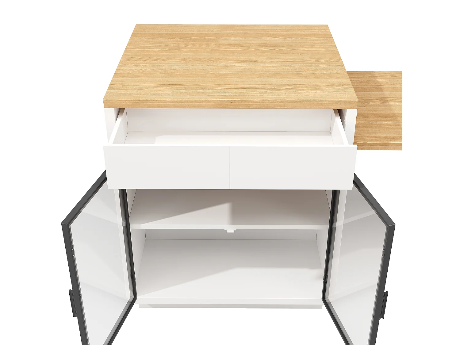 Rozkładana wyspa kuchenna z 2 szufladami, szafkami ze szklanym frontem i oświetleniem LED RGB - MDF, metal - 122-194,5 x 70 x 94 cm - biała