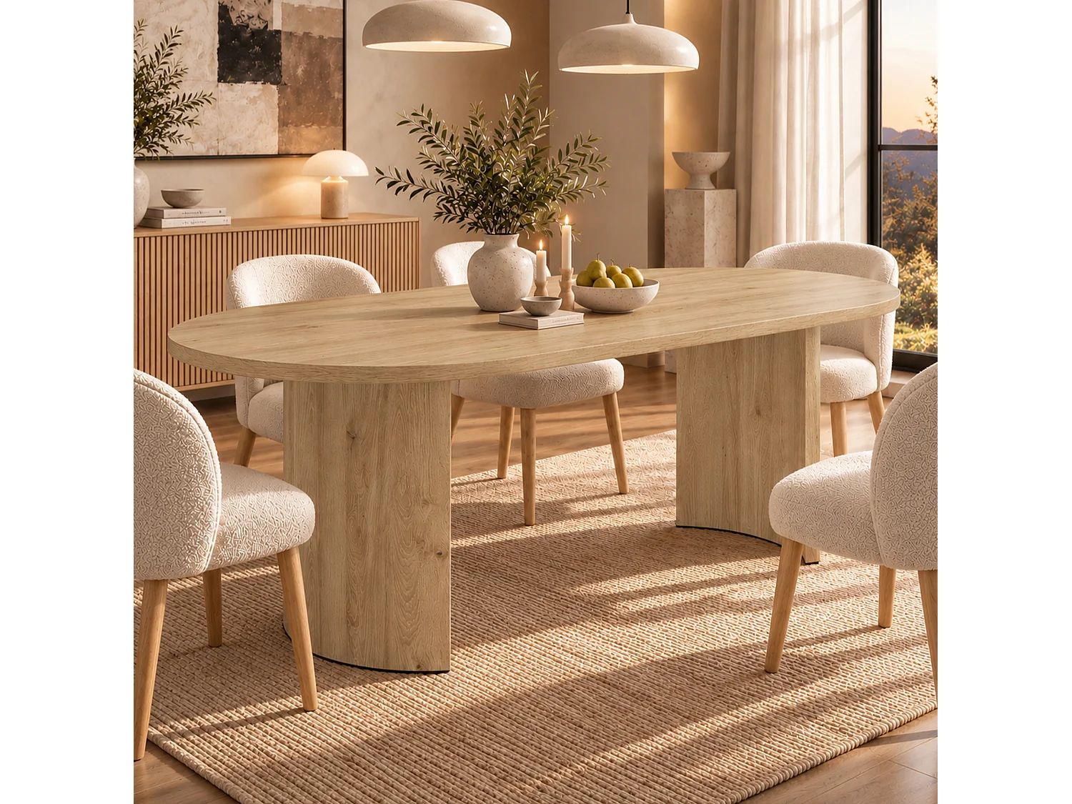 Table à manger ovale 200 x 90 x 75 cm 6 à 8 couverts, plateau épais à angles arrondis et pieds incurvés - MDF - Chêne