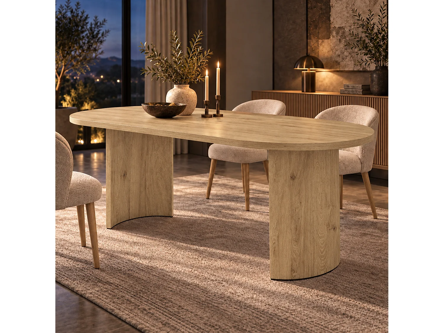 Table à manger ovale 200 x 90 x 75 cm 6 à 8 couverts, plateau épais à angles arrondis et pieds incurvés - MDF - Chêne