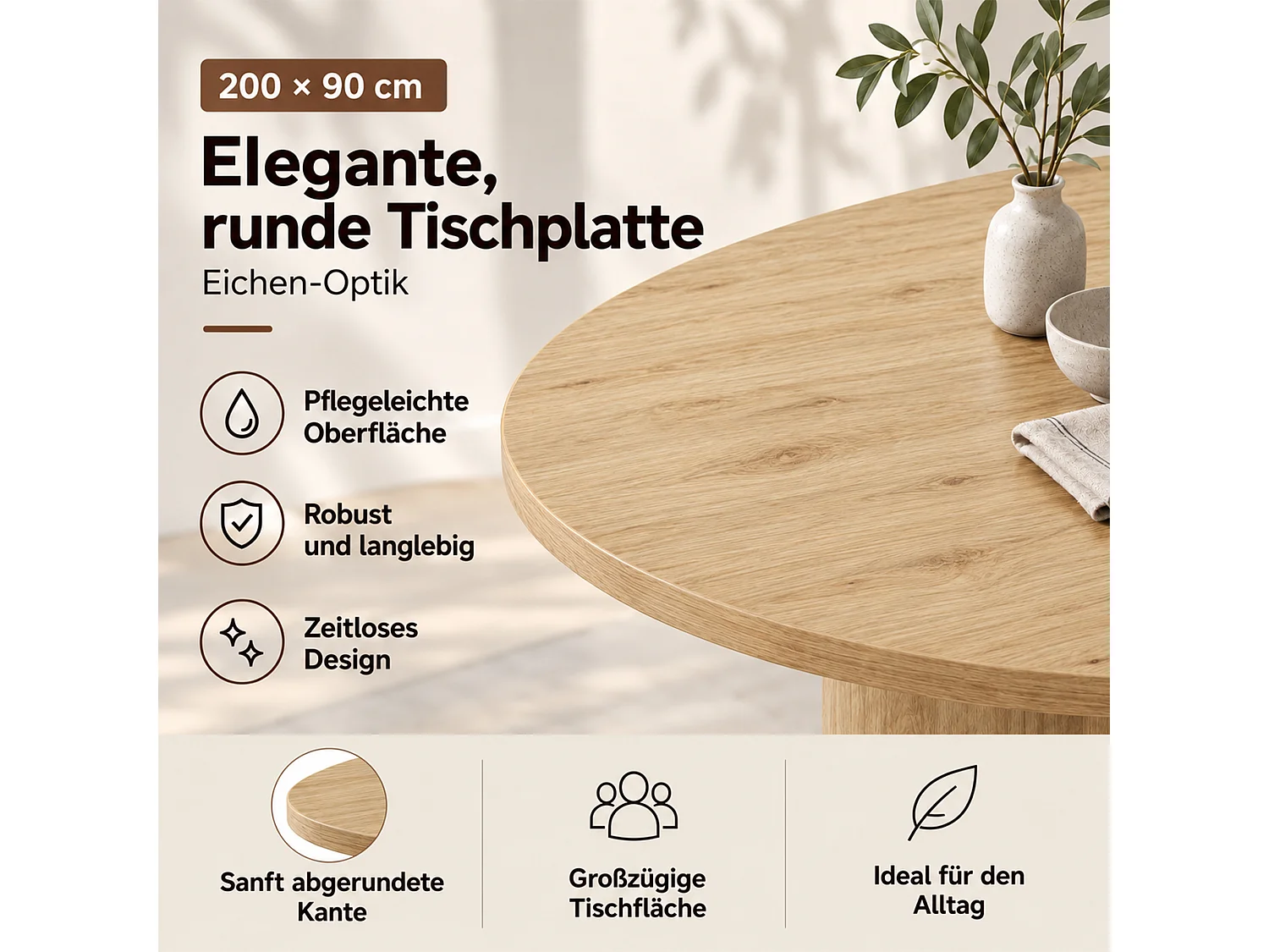 Table à manger ovale 200 x 90 x 75 cm 6 à 8 couverts, plateau épais à angles arrondis et pieds incurvés - MDF - Chêne