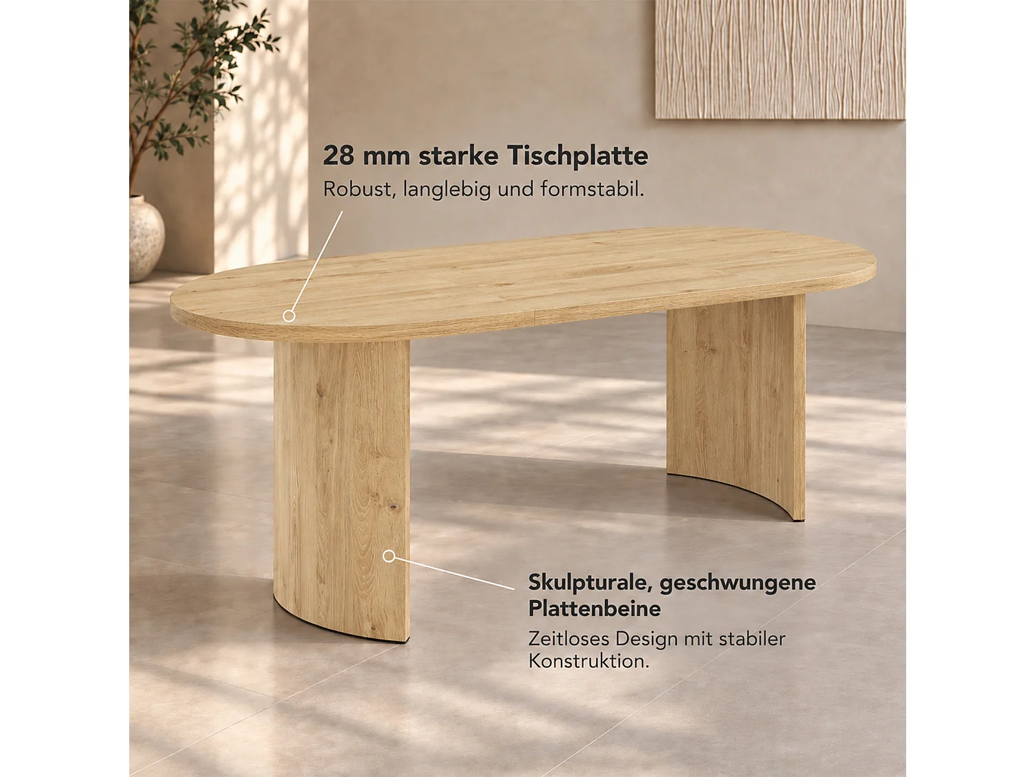 Table à manger ovale 200 x 90 x 75 cm 6 à 8 couverts, plateau épais à angles arrondis et pieds incurvés - MDF - Chêne