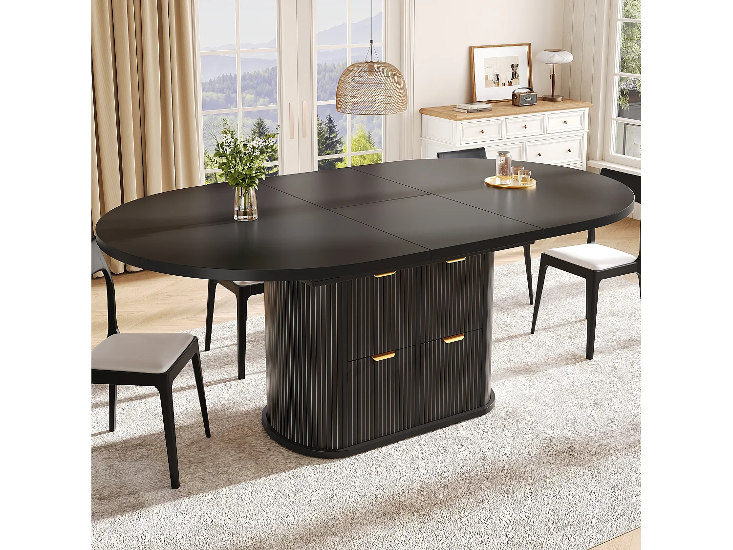 Table à manger ovale extensible 118/158 x 118 cm avec rangements et 2 tiroirs - MDF et métal - Noir