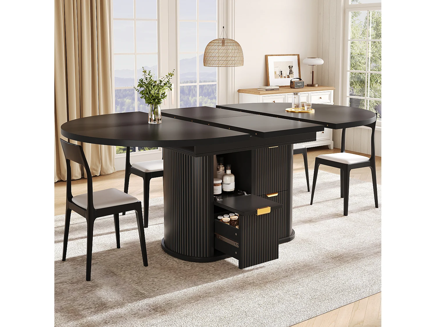 Table à manger ovale extensible 118/158 x 118 cm avec rangements et 2 tiroirs - MDF et métal - Noir