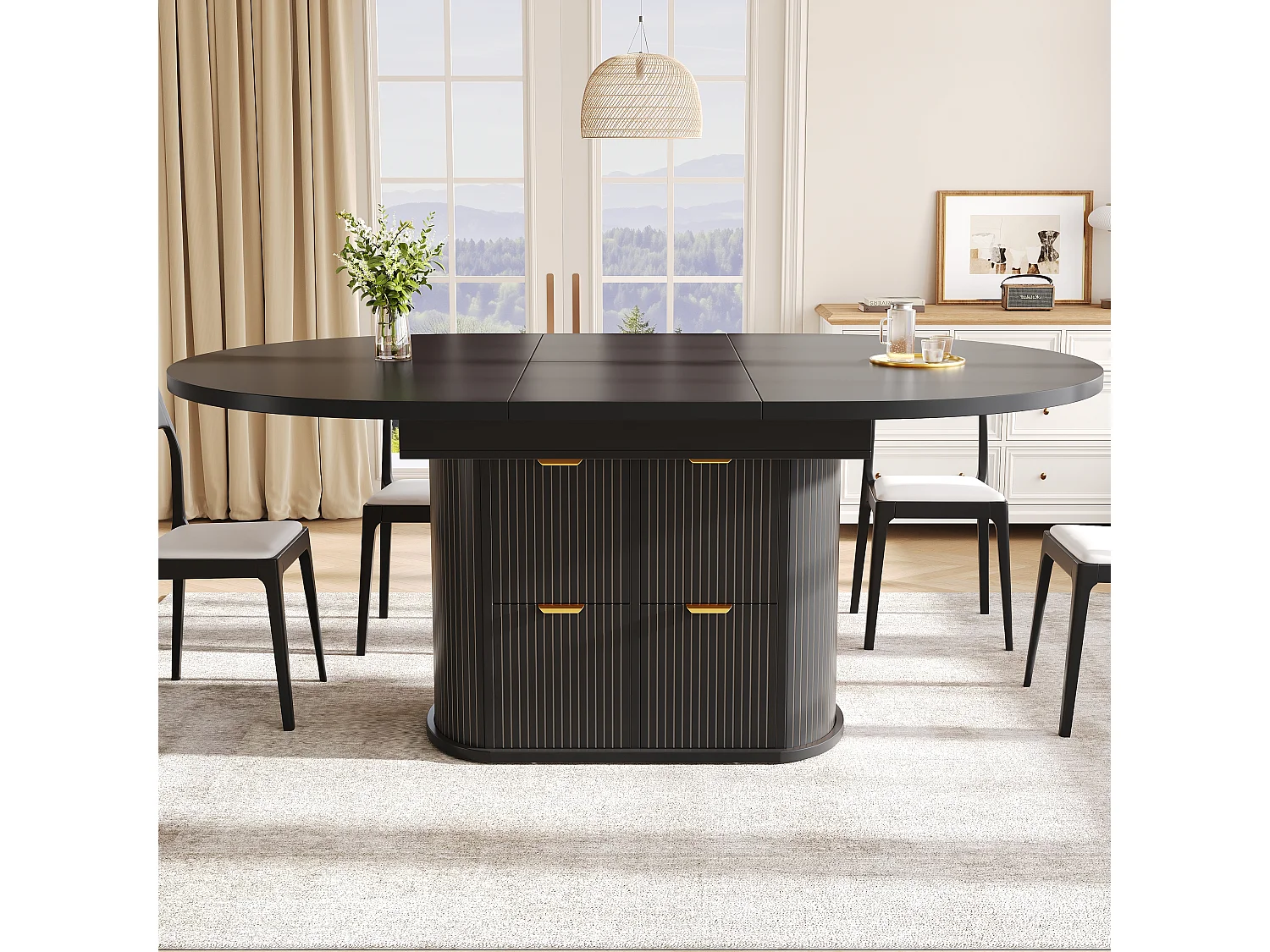 Table à manger ovale extensible 118/158 x 118 cm avec rangements et 2 tiroirs - MDF et métal - Noir