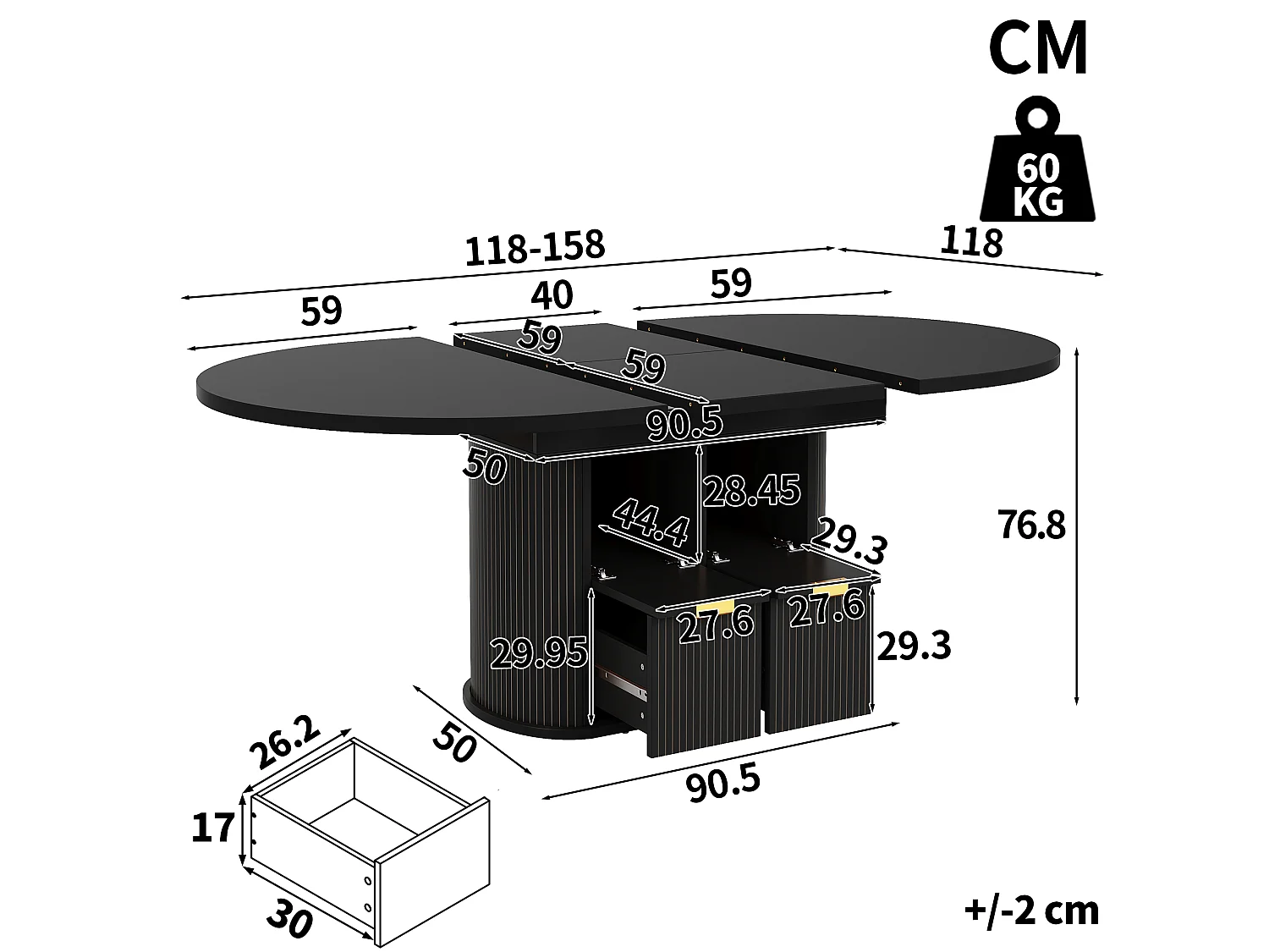Table à manger ovale extensible 118/158 x 118 cm avec rangements et 2 tiroirs - MDF et métal - Noir