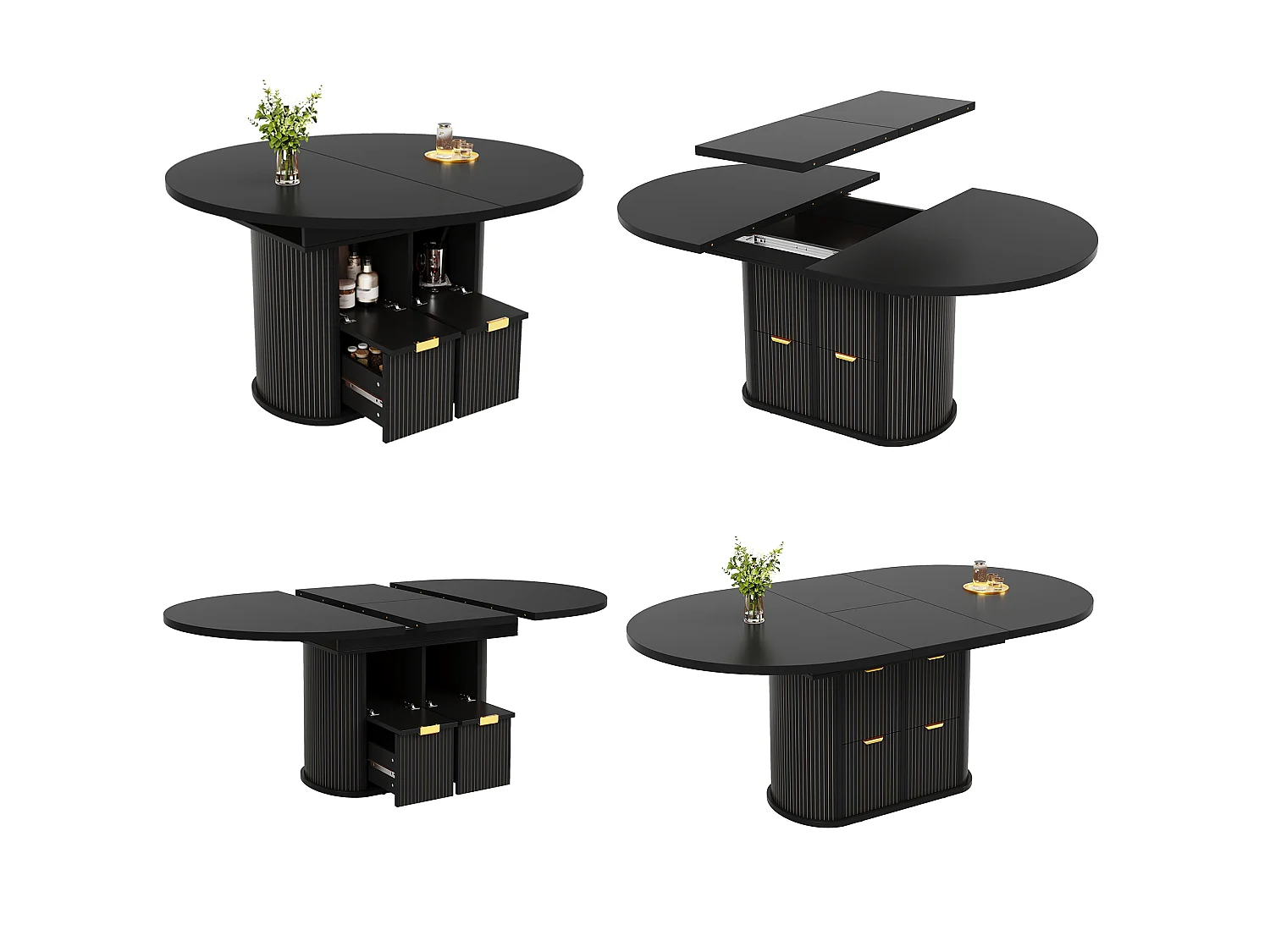 Table à manger ovale extensible 118/158 x 118 cm avec rangements et 2 tiroirs - MDF et métal - Noir