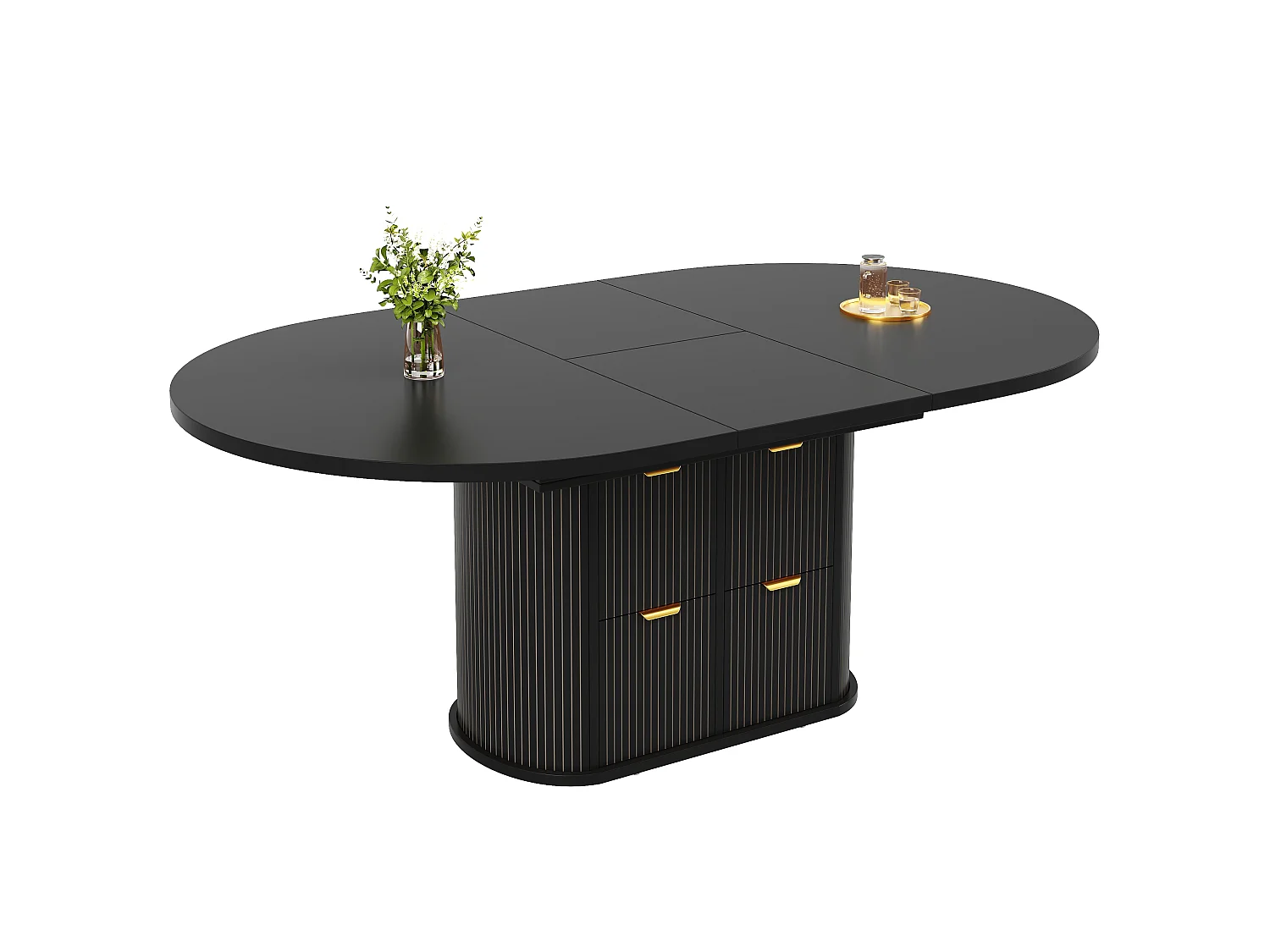 Table à manger ovale extensible 118/158 x 118 cm avec rangements et 2 tiroirs - MDF et métal - Noir