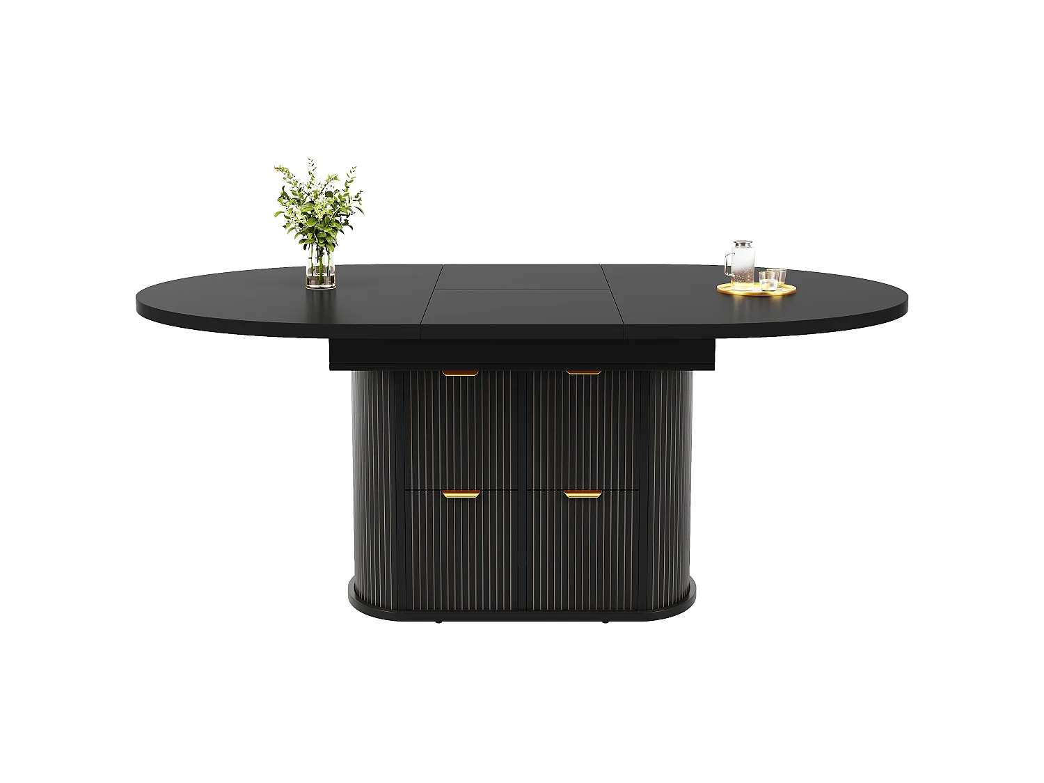 Table à manger ovale extensible 118/158 x 118 cm avec rangements et 2 tiroirs - MDF et métal - Noir