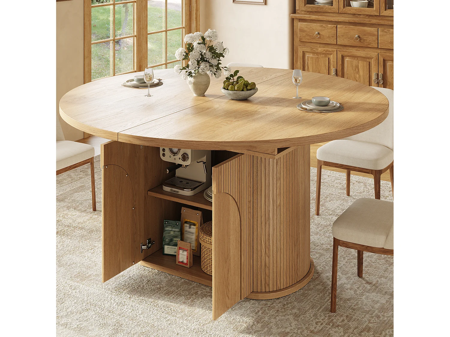 Mesa de jantar extensível com 2 portas de abertura por pressão - MDF - 118 a 158 x 118 x 76,8 cm - Acabamento natural