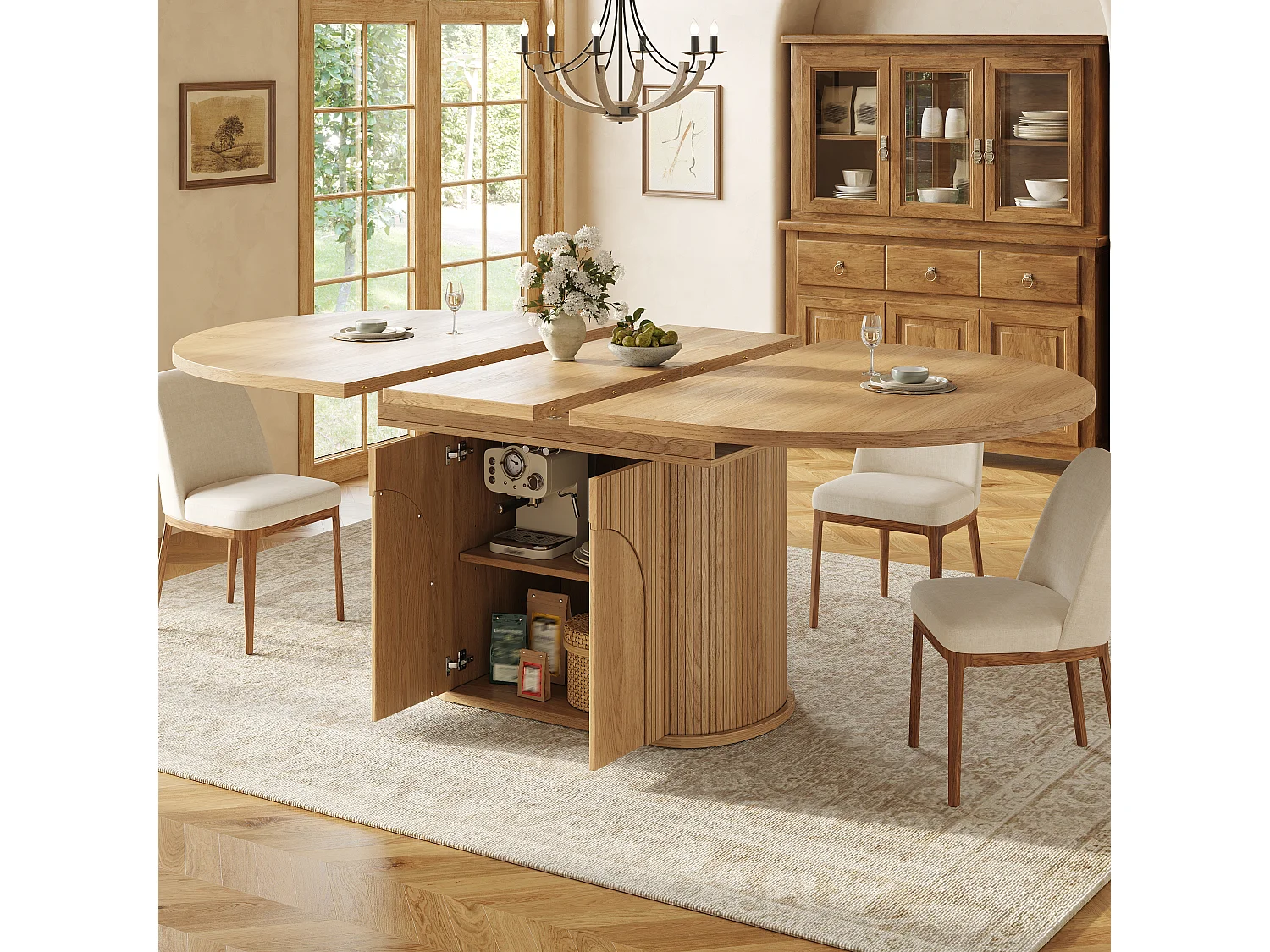 Mesa de jantar extensível com 2 portas de abertura por pressão - MDF - 118 a 158 x 118 x 76,8 cm - Acabamento natural