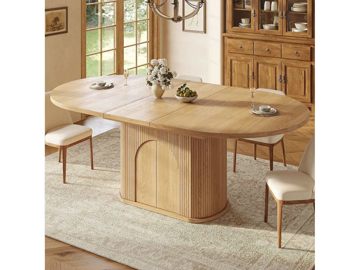 Mesa de jantar extensível com 2 portas de abertura por pressão - MDF - 118 a 158 x 118 x 76,8 cm - Acabamento natural