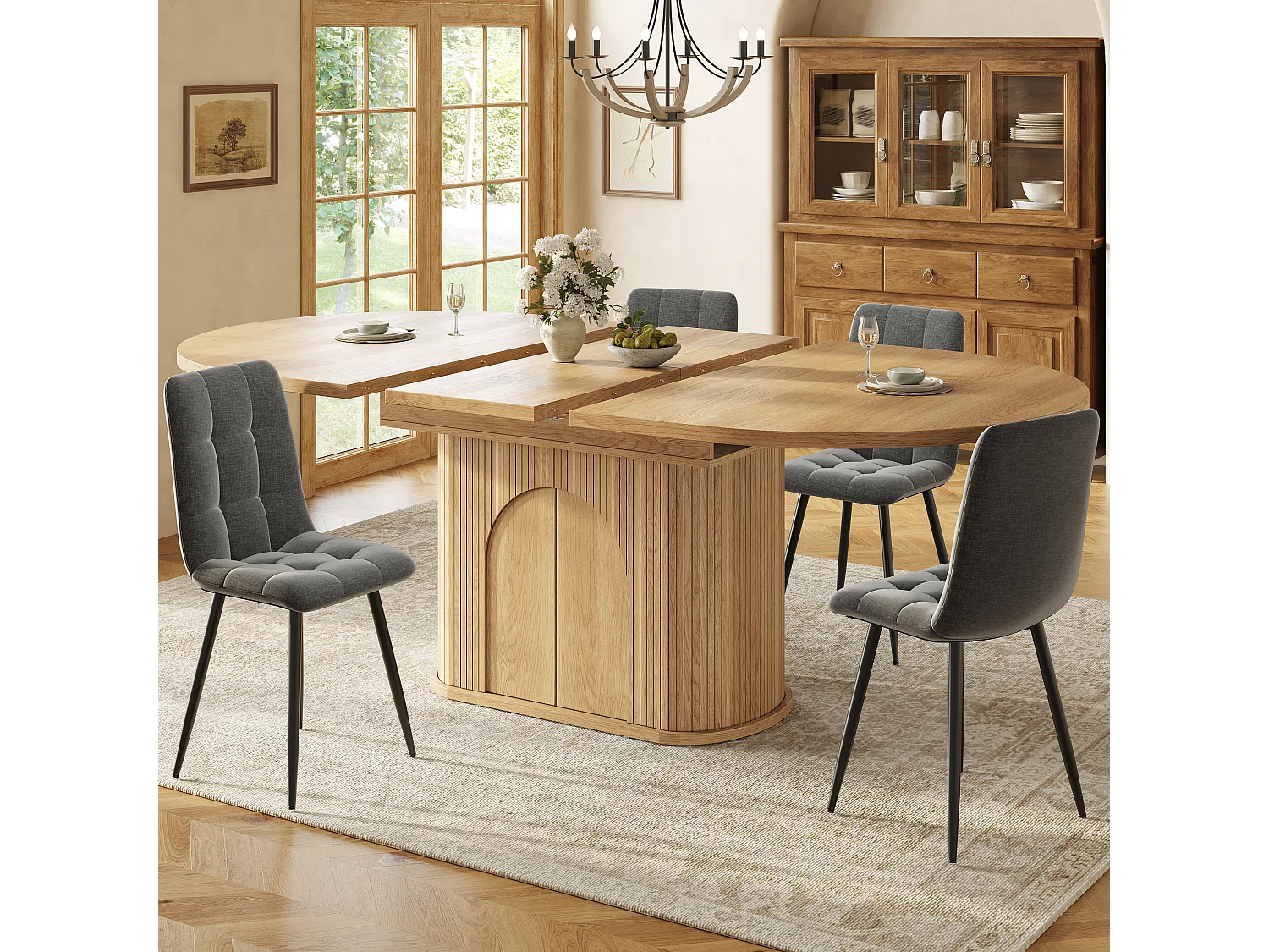 Mesa de jantar extensível com 2 portas de abertura por pressão - MDF - 118 a 158 x 118 x 76,8 cm - Acabamento natural