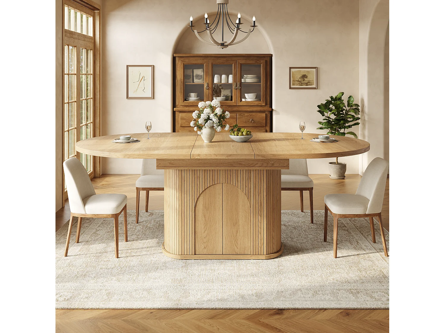 Mesa de jantar extensível com 2 portas de abertura por pressão - MDF - 118 a 158 x 118 x 76,8 cm - Acabamento natural