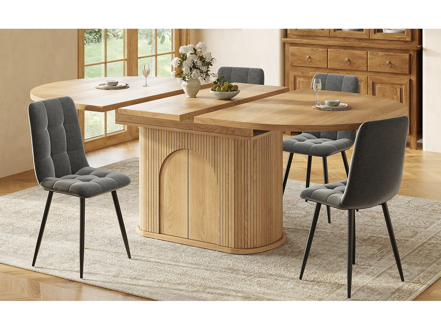 Mesa de jantar extensível com 2 portas de abertura por pressão - MDF - 118 a 158 x 118 x 76,8 cm - Acabamento natural