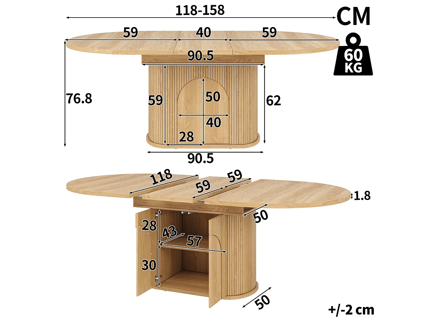 Mesa de jantar extensível com 2 portas de abertura por pressão - MDF - 118 a 158 x 118 x 76,8 cm - Acabamento natural
