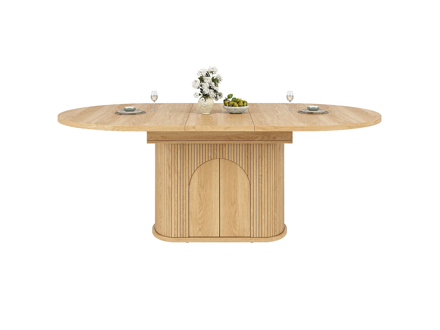 Mesa de jantar extensível com 2 portas de abertura por pressão - MDF - 118 a 158 x 118 x 76,8 cm - Acabamento natural