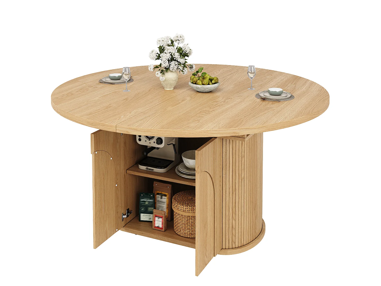 Mesa de jantar extensível com 2 portas de abertura por pressão - MDF - 118 a 158 x 118 x 76,8 cm - Acabamento natural