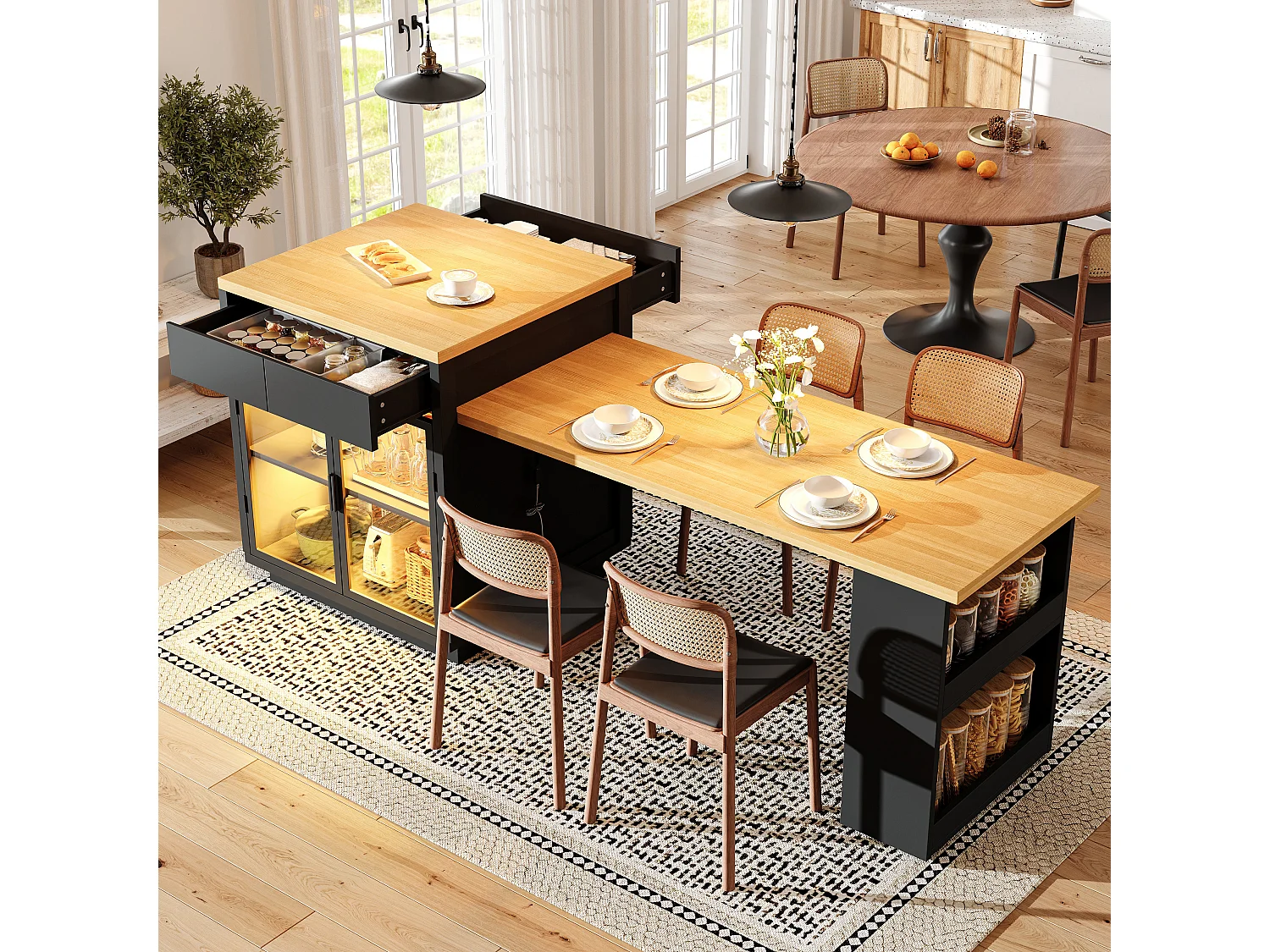 Isla de cocina extensible con 2 cajones, puertas de cristal e iluminación LED RGB - MDF, metal - 122-194,5 x 70 x 94 cm - Negro