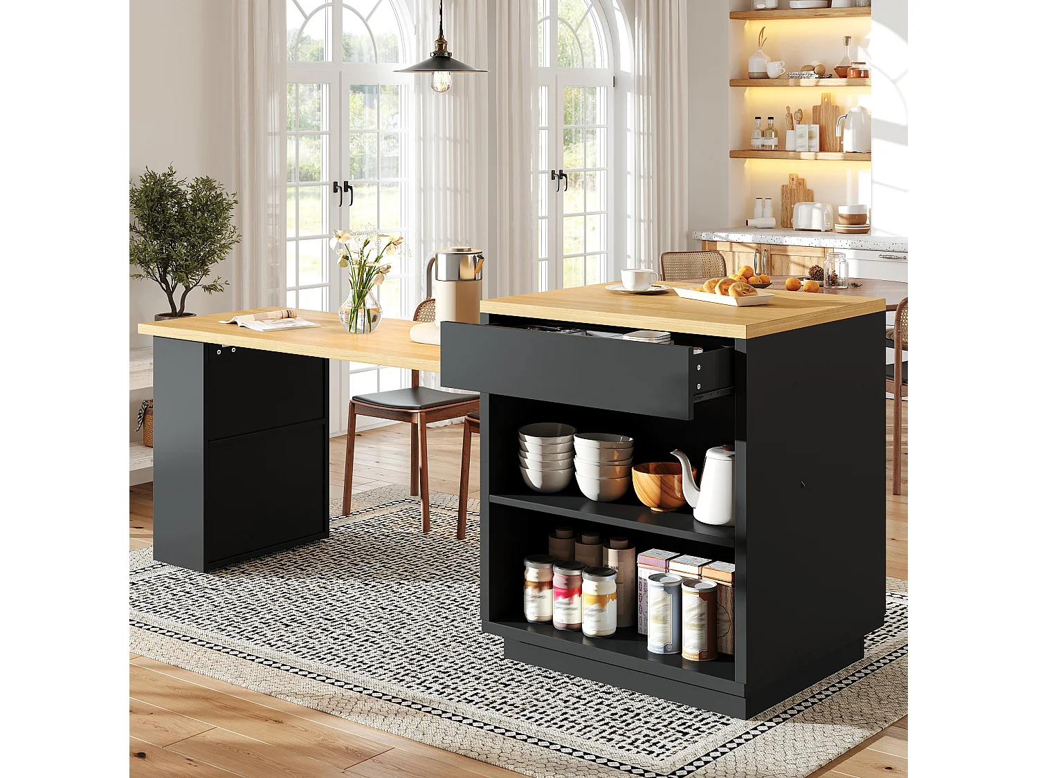 Isla de cocina extensible con 2 cajones, puertas de cristal e iluminación LED RGB - MDF, metal - 122-194,5 x 70 x 94 cm - Negro