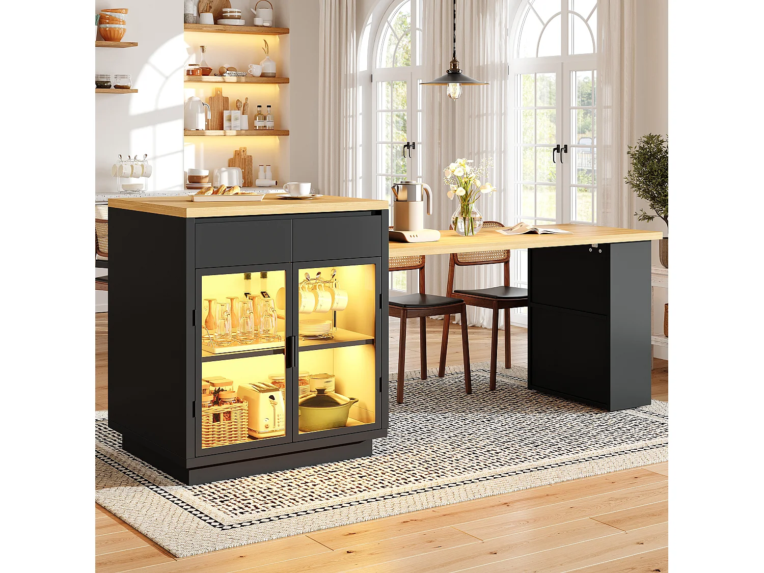 Isla de cocina extensible con 2 cajones, puertas de cristal e iluminación LED RGB - MDF, metal - 122-194,5 x 70 x 94 cm - Negro