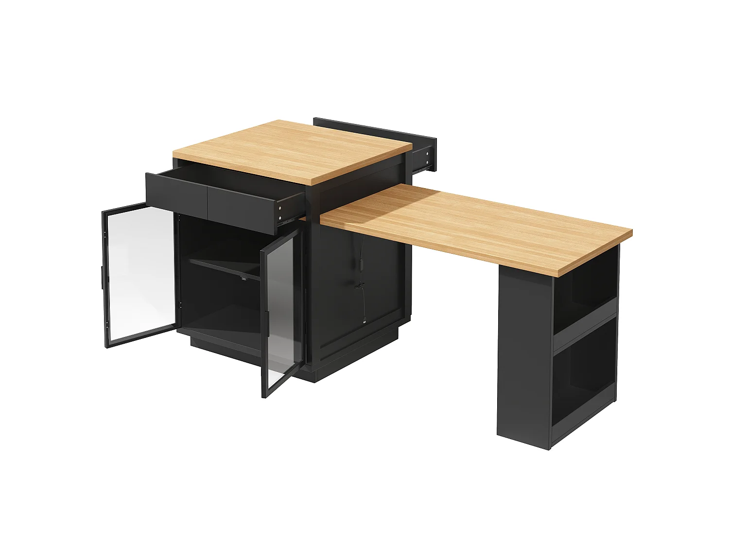 Isla de cocina extensible con 2 cajones, puertas de cristal e iluminación LED RGB - MDF, metal - 122-194,5 x 70 x 94 cm - Negro
