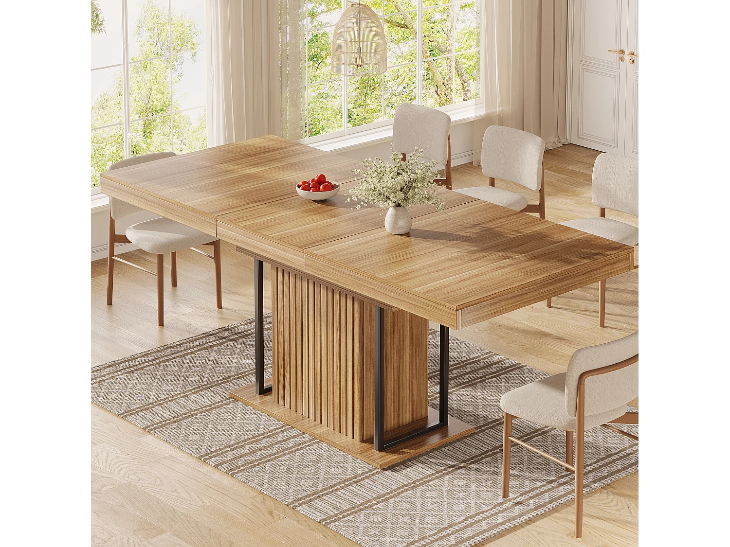 Table à manger extensible avec rangement dissimulé, 1 porte - MDF - 120 à 160 x 80 x 75,5 cm - Marron