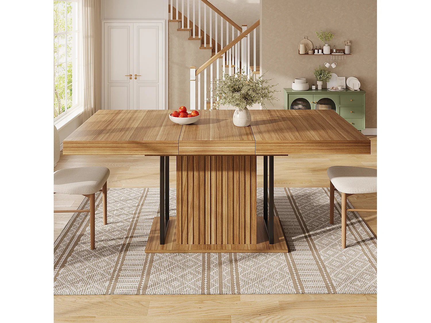 Table à manger extensible avec rangement dissimulé, 1 porte - MDF - 120 à 160 x 80 x 75,5 cm - Marron