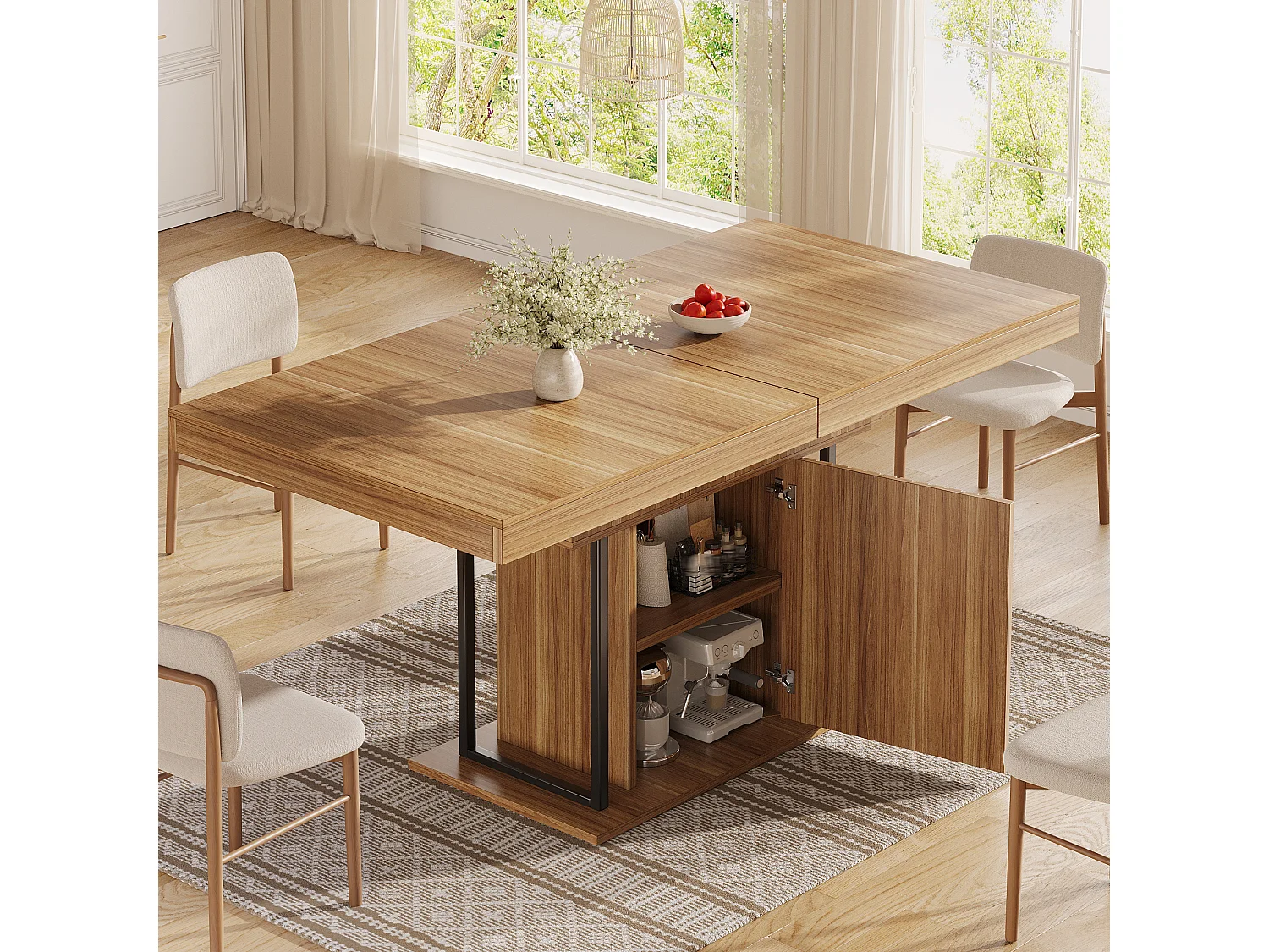 Table à manger extensible avec rangement dissimulé, 1 porte - MDF - 120 à 160 x 80 x 75,5 cm - Marron